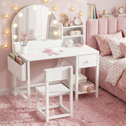 BOLUO Kids Vanity for Girls, Kids Vanity Table and Chair Set with Light and Mirror, 2 in 1 Kid Vanity Set, Princess Makeup Vanity Desk with Drawers White