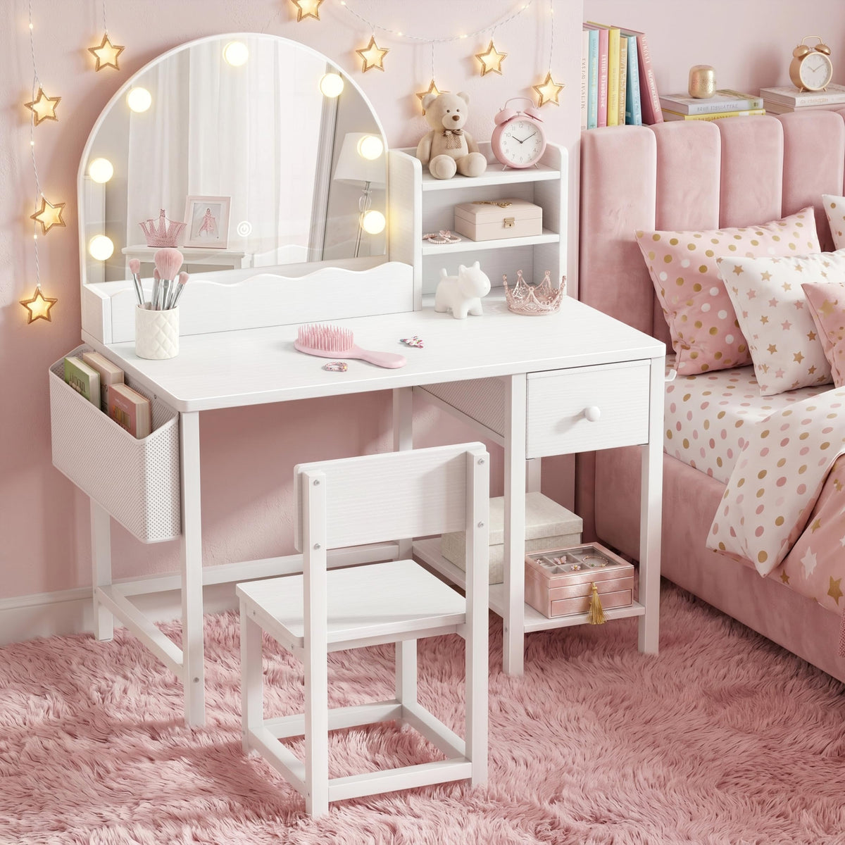 BOLUO Kids Vanity for Girls, Kids Vanity Table and Chair Set with Light and Mirror, 2 in 1 Kid Vanity Set, Princess Makeup Vanity Desk with Drawers White