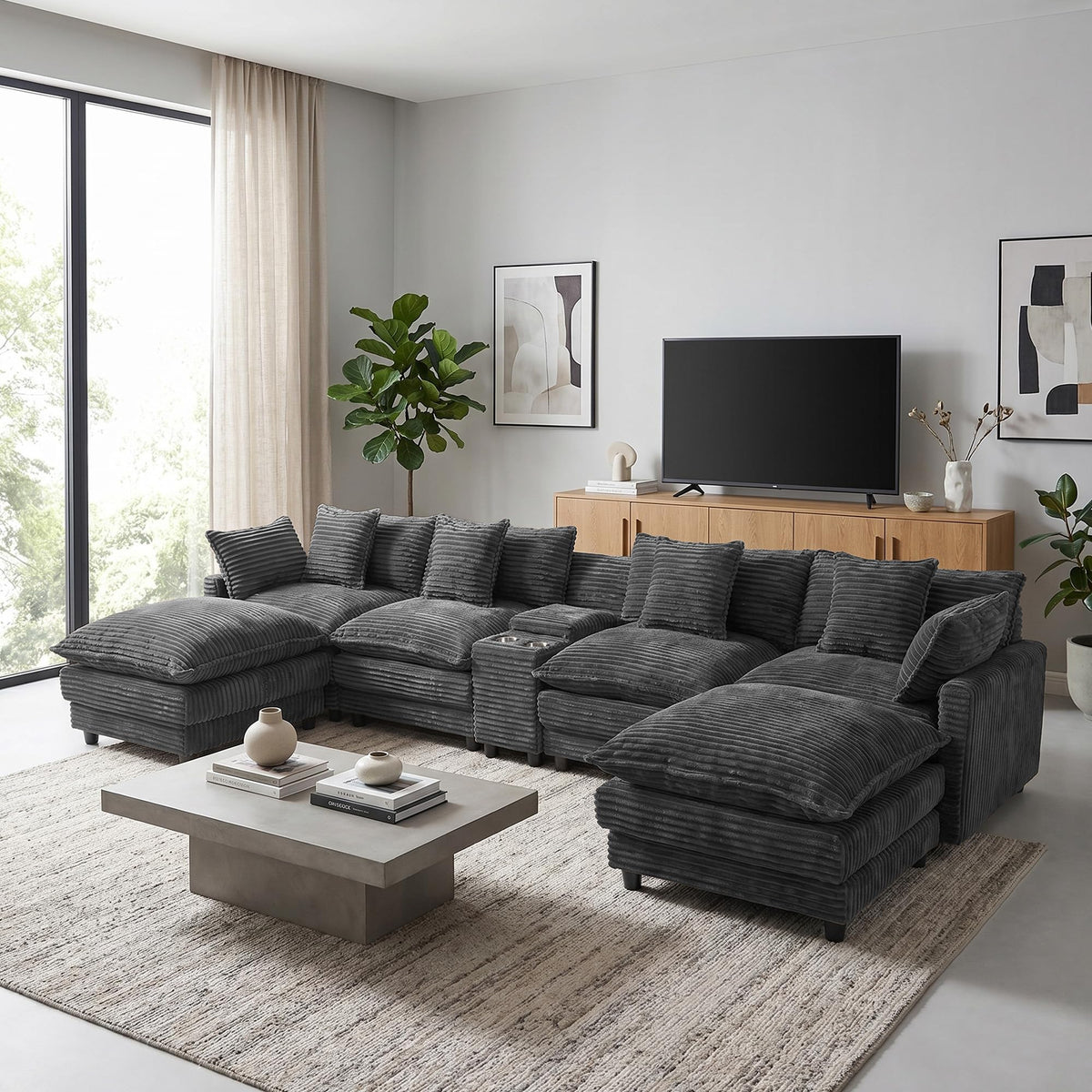 ONEMMLION 143" Oversized U-Shaped Cloud Sectional Sofa, Grey