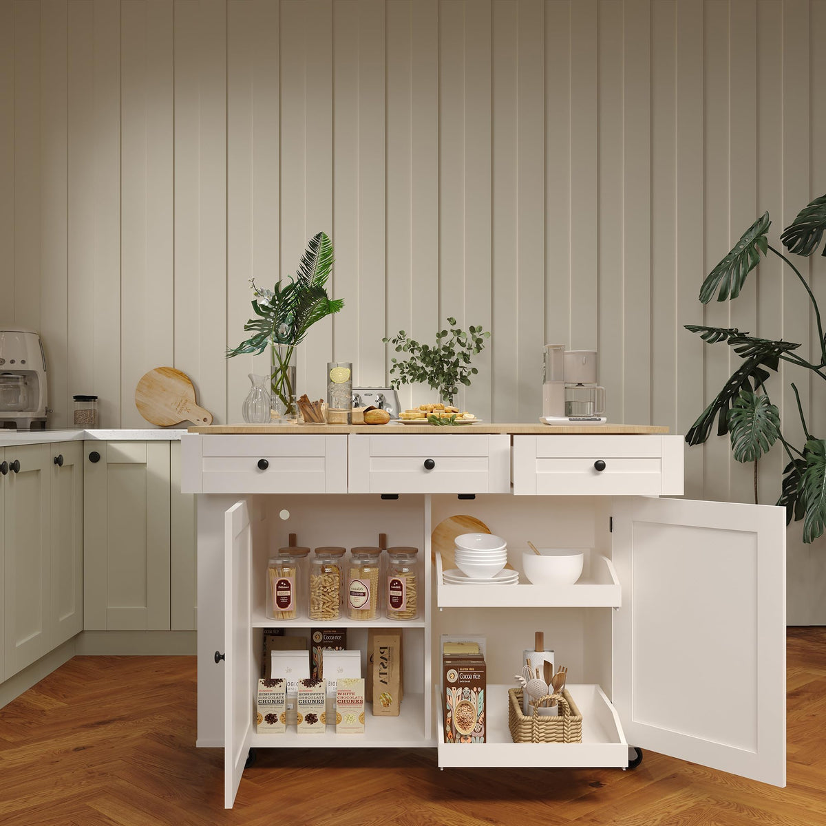 GarveeHome Rolling Kitchen Island with Drop Leaf Countertop, Charging Station & Ample Storage - 47.2 in Mobile Kitchen Cart On Wheels with Pull-Out Shelves, Drawers, Spice Rack & Organizer Divider