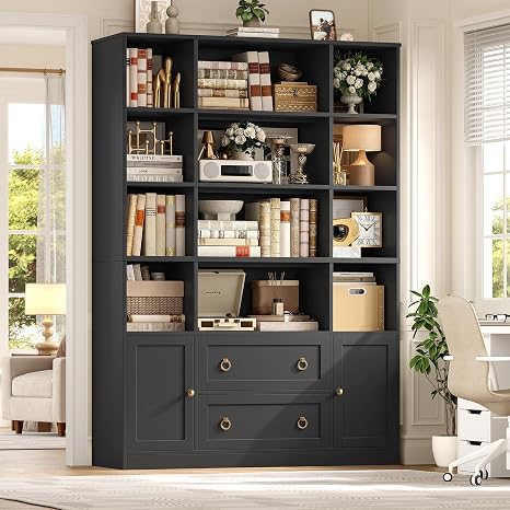 Large Bookshelf with Doors & Drawers, 6-Tier Tall Bookcase