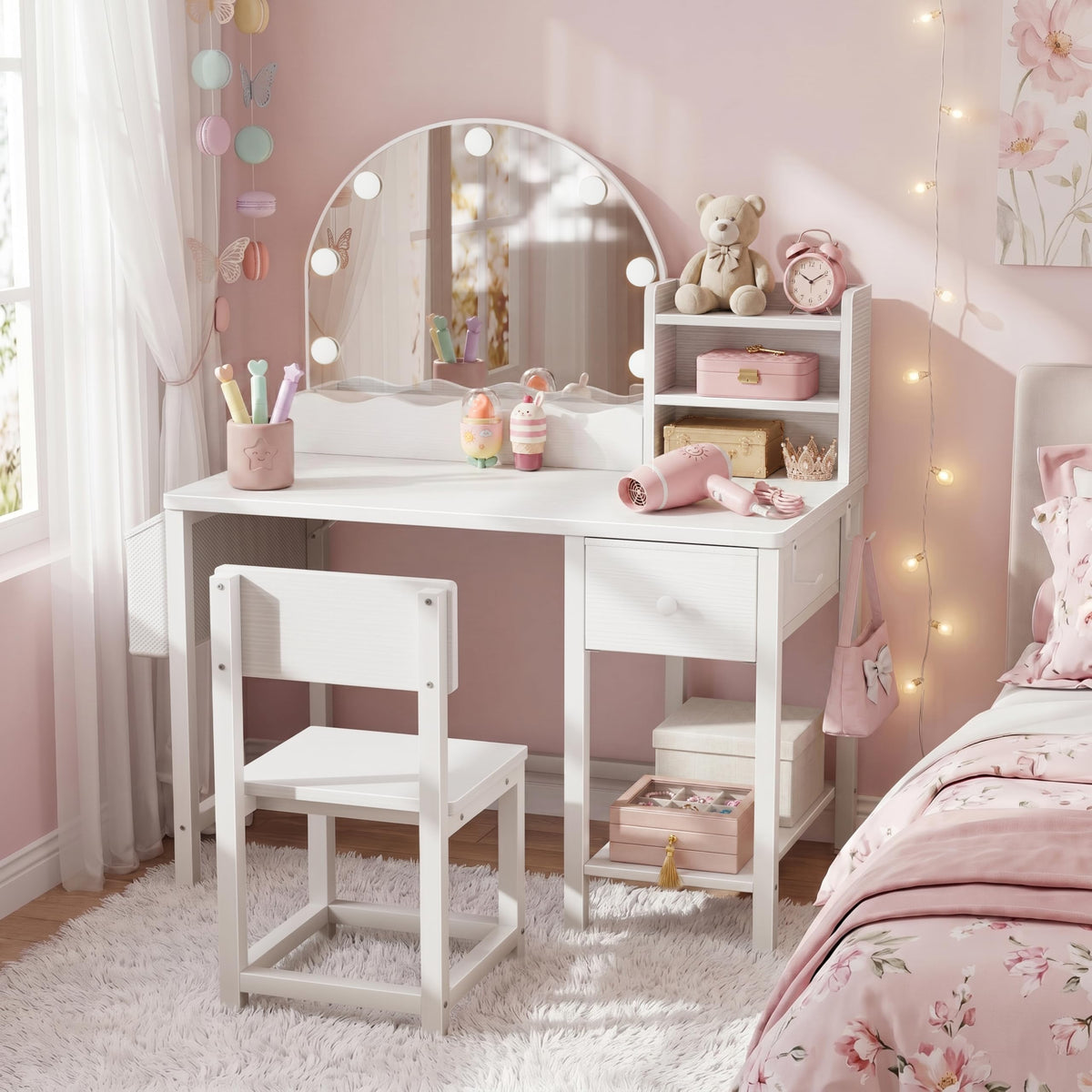 BOLUO Kids Vanity for Girls, Kids Vanity Table and Chair Set with Light and Mirror, 2 in 1 Kid Vanity Set, Princess Makeup Vanity Desk with Drawers White