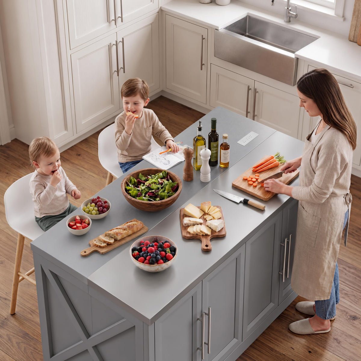 Homiflex Kitchen Island with Storage Stainless Steel Top Power Outlet Grey
