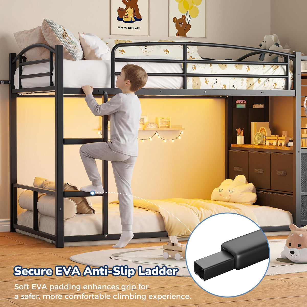 Jocoevol Low Bunk Bed Twin Over Twin for Kids with 6 Storage Drawers & Desk