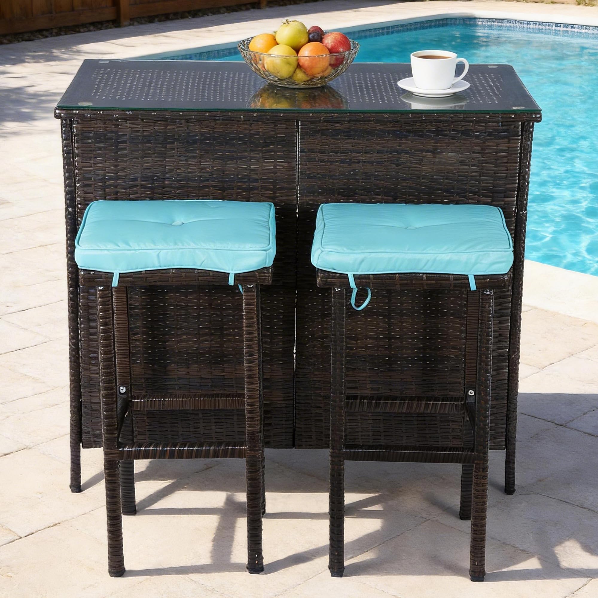 3-Piece Patio Wicker Bar Set with Glass Top & Cushioned Stools
