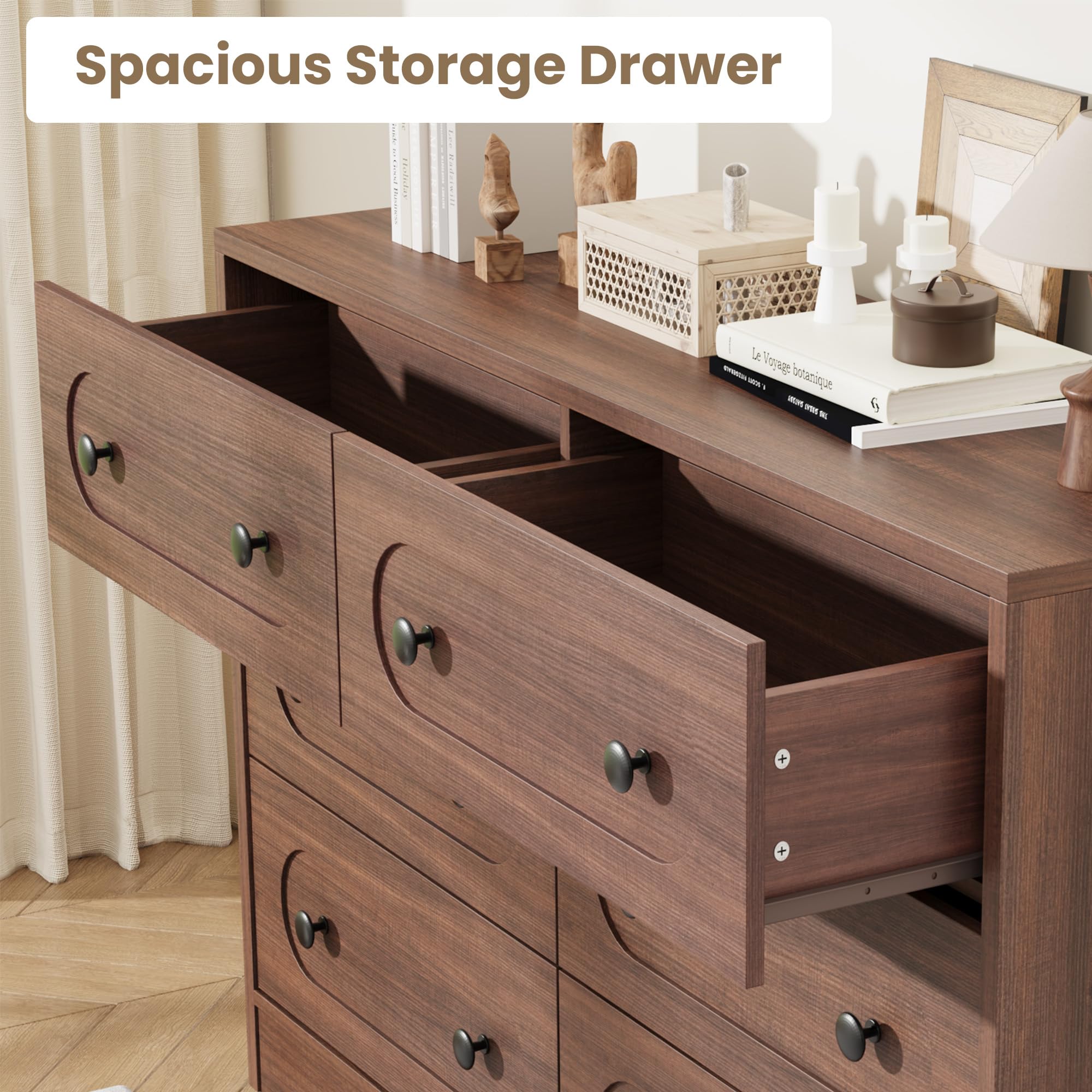 Garvee 6 Drawer Dresser for Bedroom, 47" Wide Large Dresser with Deep Drawers & Metal Knobs, Wooden Mid Century Modern Chest of Drawers for Living Room, Entryway, Hallway, Walnut