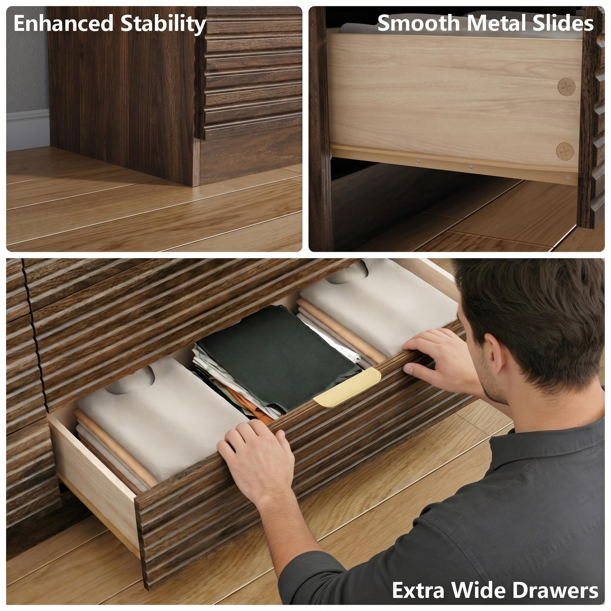 Gyfimoie 55'' Wide Fluted 6 Drawers Dresser with 2 Cubbies, LED Dressers & Chests of Drawers with Power Outlet, Fluted Dresser for Bedroom with Rounded Corners (Walnut)