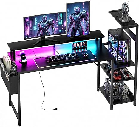 Gaming Desk with Monitor Stand & Storage Shelves