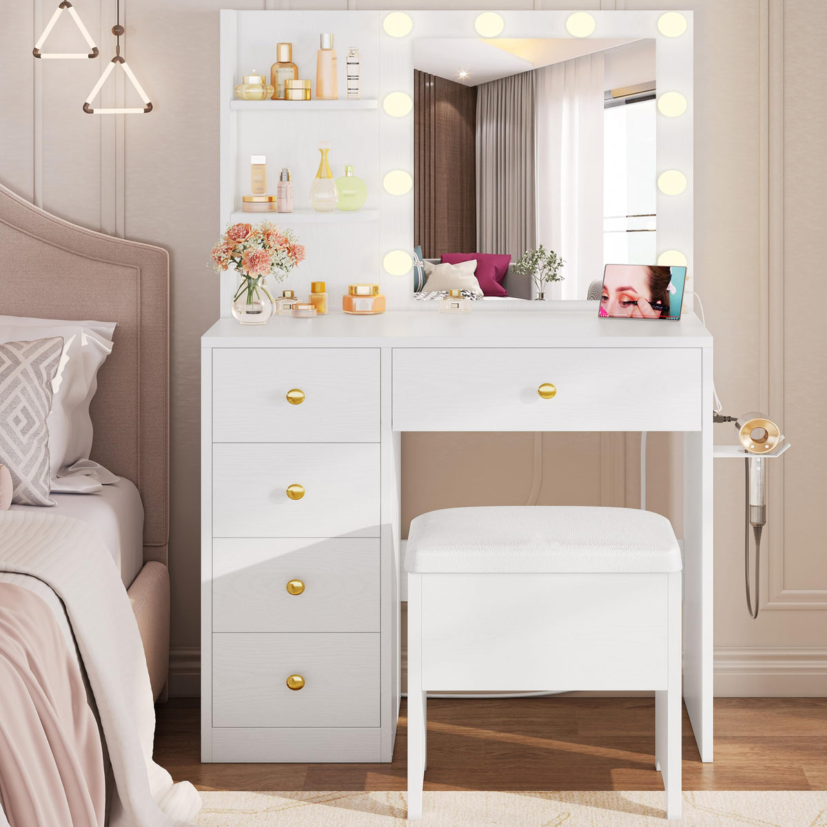IRONCK Vanity Desk with Mirror and Lights, White