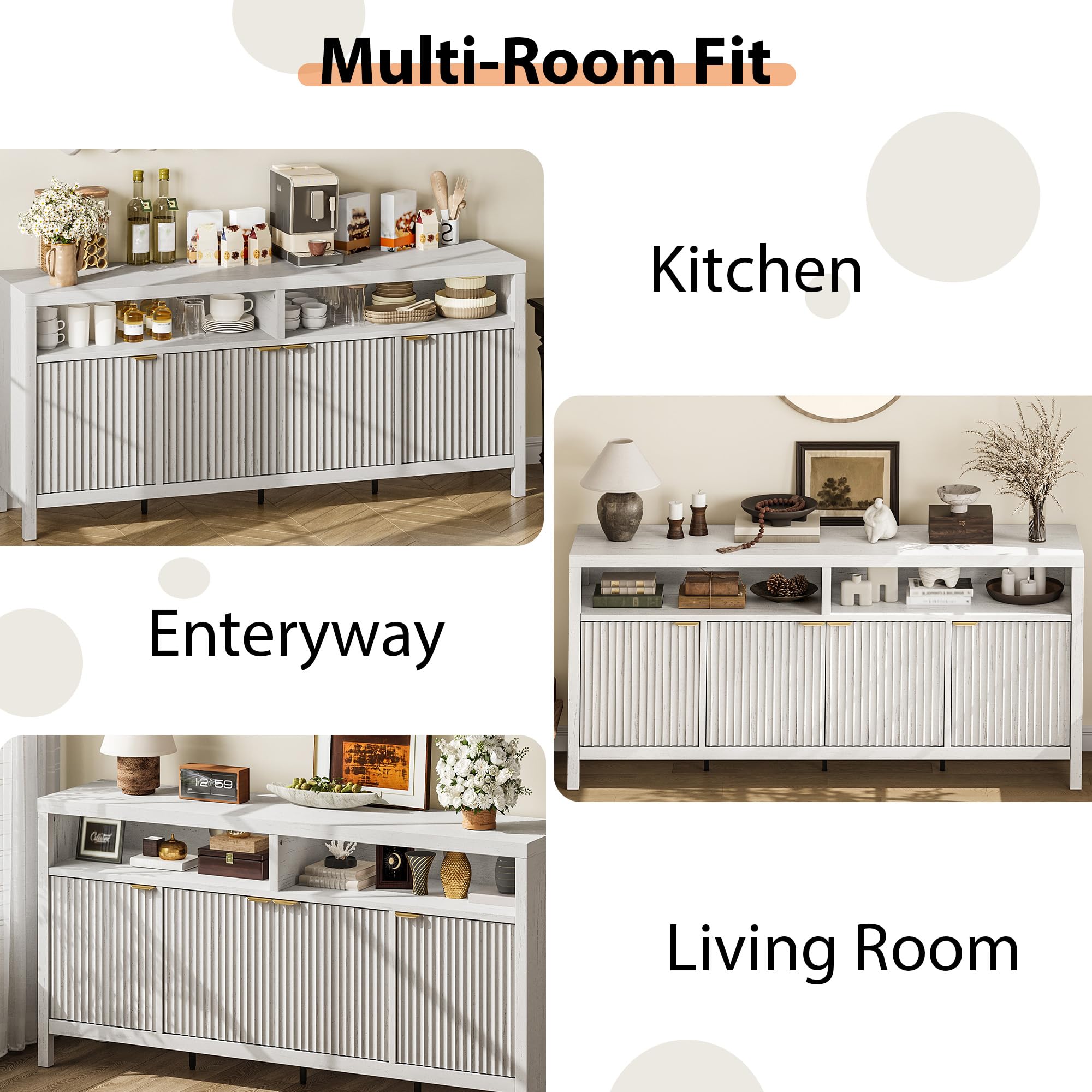 GarveeLife 65 Inch Fluted Sideboard Buffet Cabinet with Storage, Modern Wood Sideboard Cabinet with 4 Doors, Buffets & Sideboards for Kitchen,Dining Room,Living Room,Hallway,White