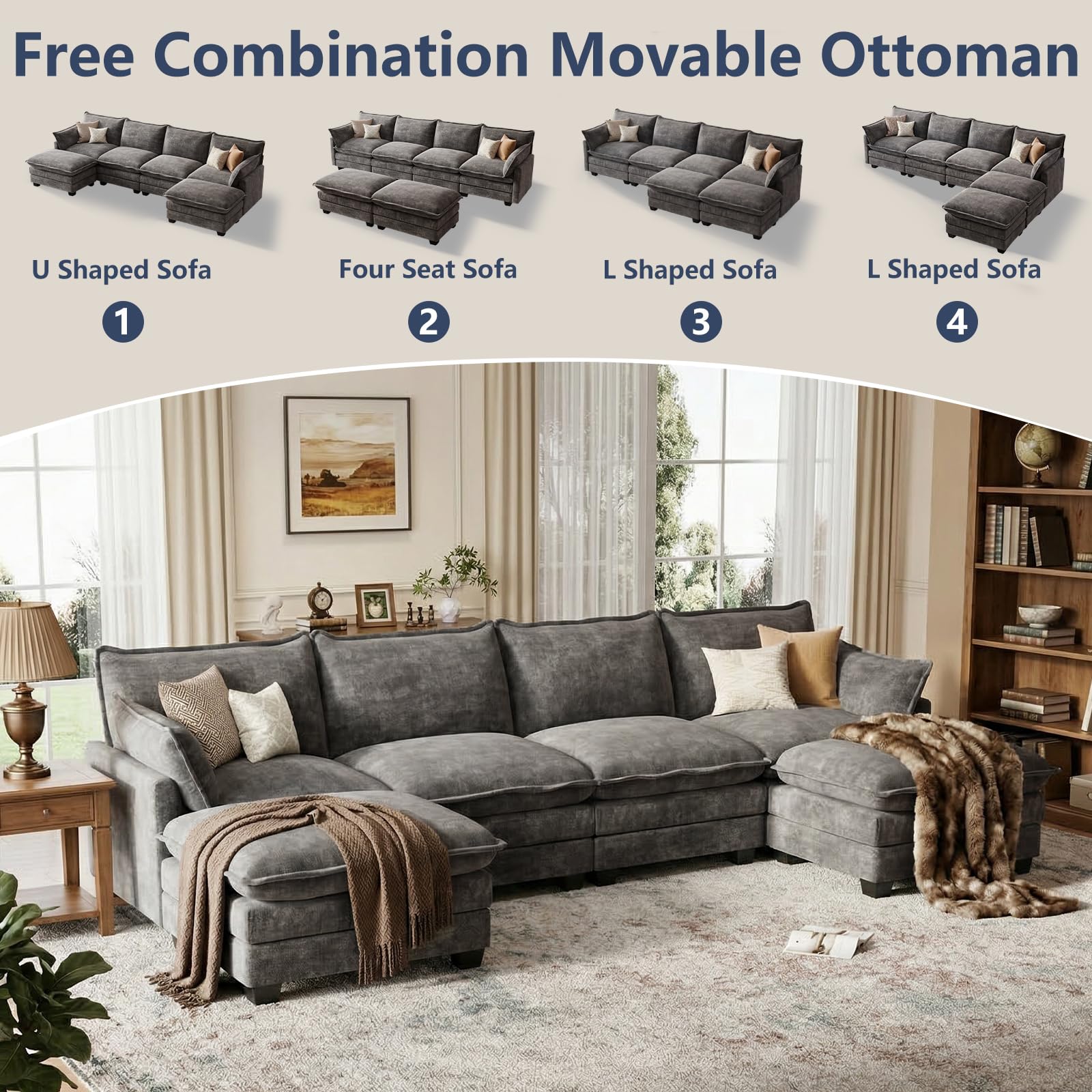 OhaiAura U Shaped Modular Sectional Sofa, Cloud Couch with Movable Ottoman, Comfy Chenille Sofa with Pillows for Living Room, Bedroom, Apartment, Dark Gray