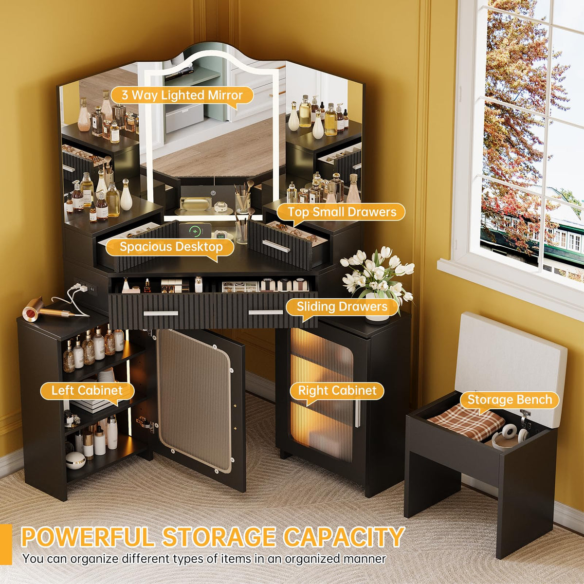 Corner Makeup Vanity with LED Mirrors