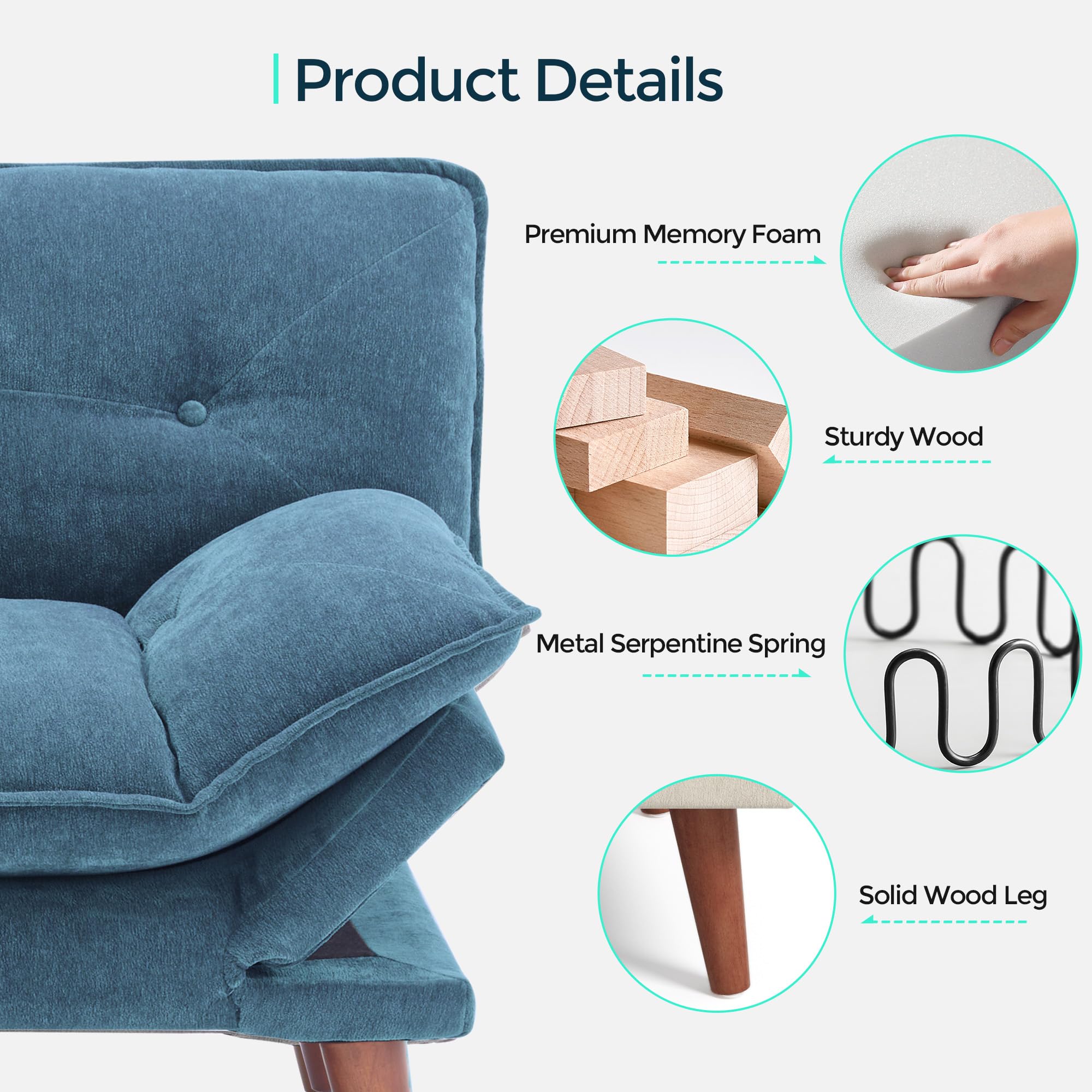 LINSY HOME Futon Sofa Bed, 70" Chenille Futon Couch with Adjustable Backrest Armrest, 3 in 1 Convertible Comfy Loveseat Sleeper Sofa Bed for Small Spaces Dorm Room Apartment Home Office, Blue