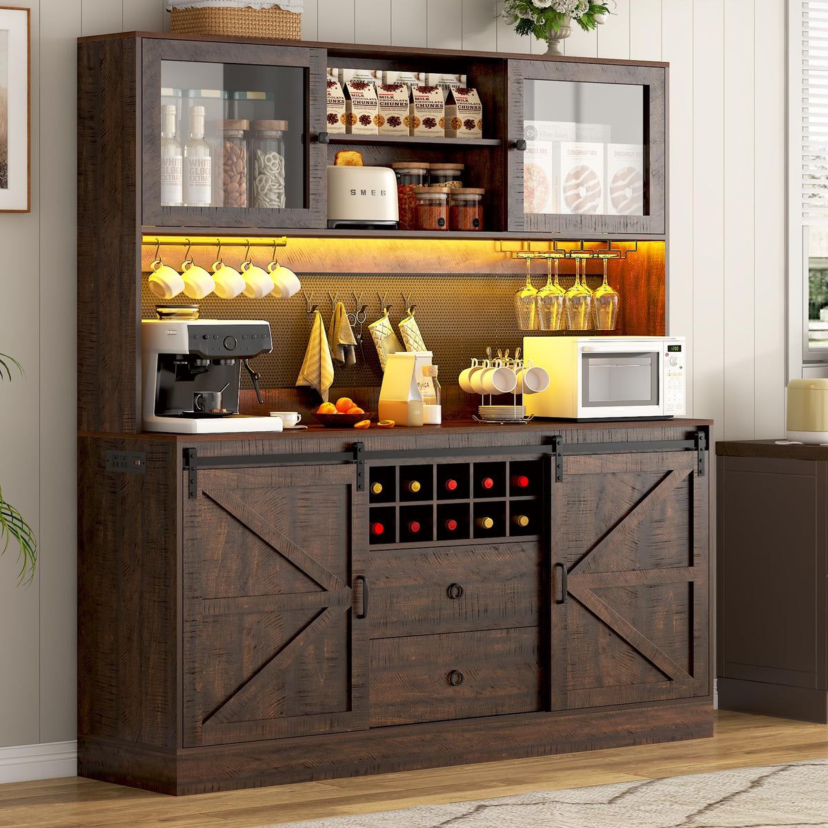 Farmhouse Coffee Bar Cabinet with LED Lights