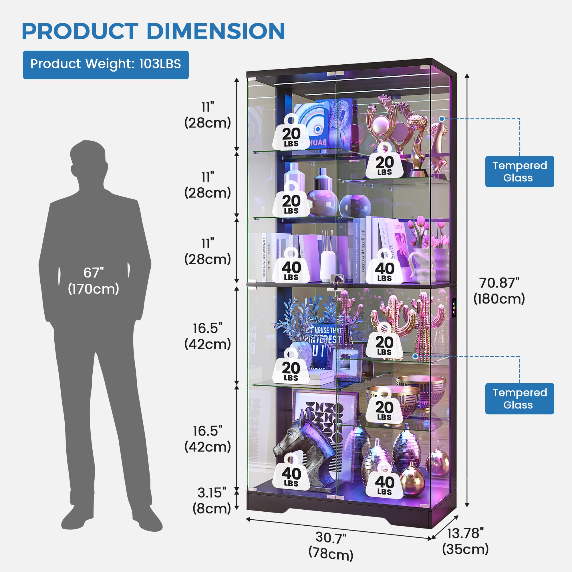 71" Lighted Display Cabinet with RGB Glass Doors