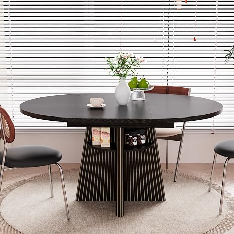 Extendable Round Dining Table with Storage Shelves