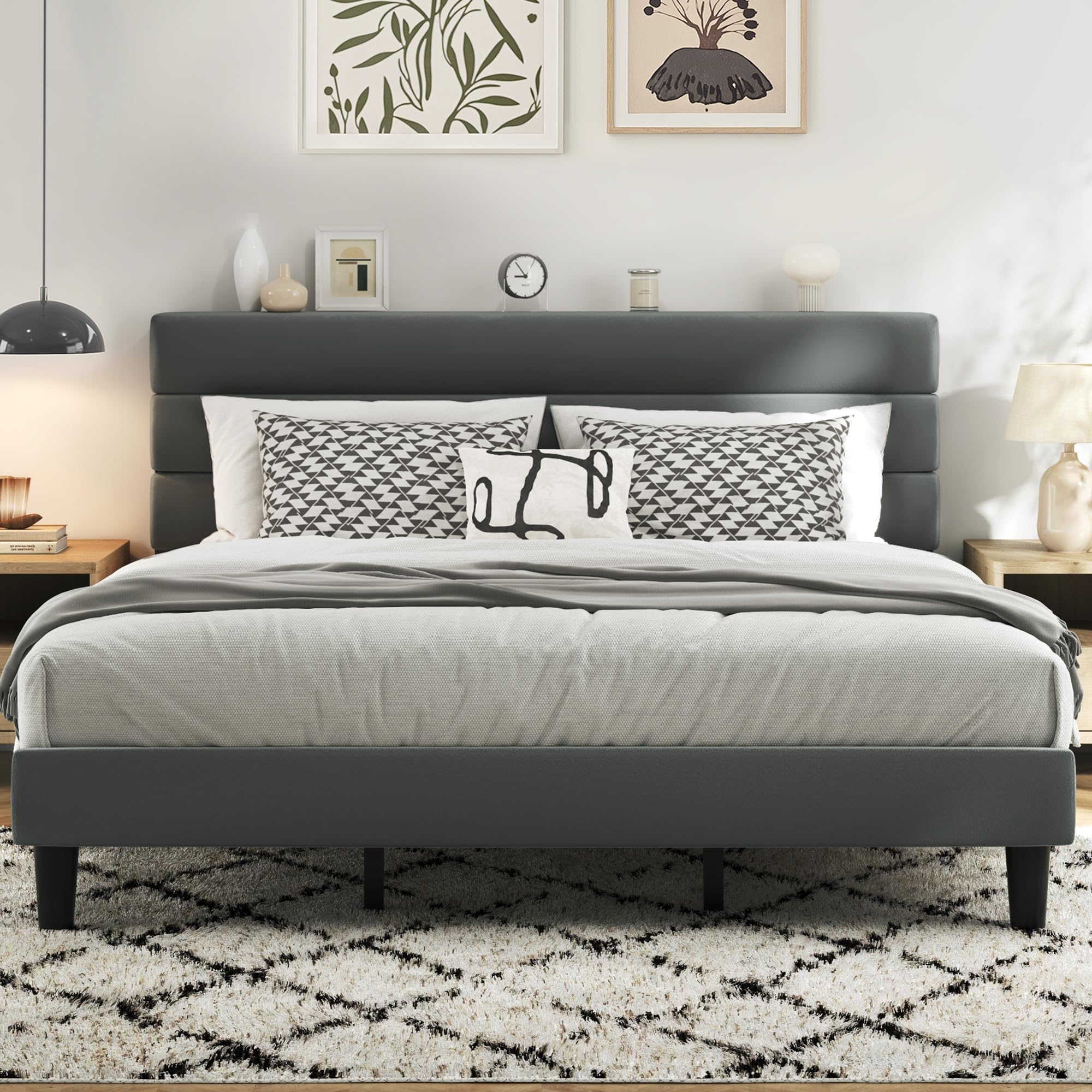Upholstered Platform Bed Frame with Velvet Headboard