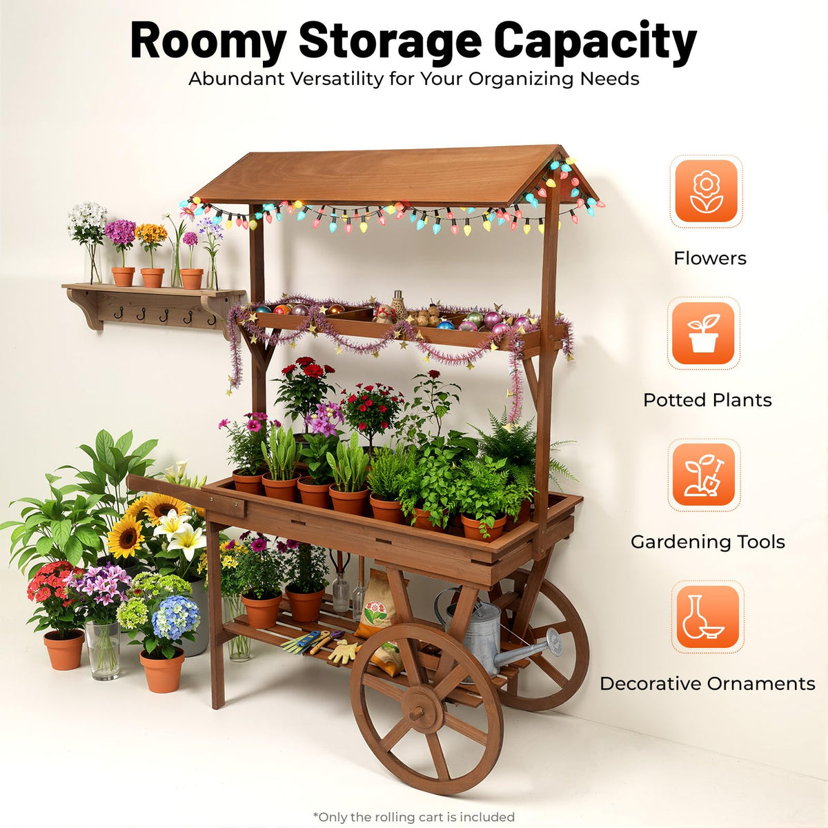njxbrek Retro Wooden Rolling Cart with 2 Wheels, 3-Tier Cedar Wood Flower Display Stand, Freestanding Lemonade Tea Stall Mobile Shelf with Hollow Grid Design for Indoor Home Decor Plant Display