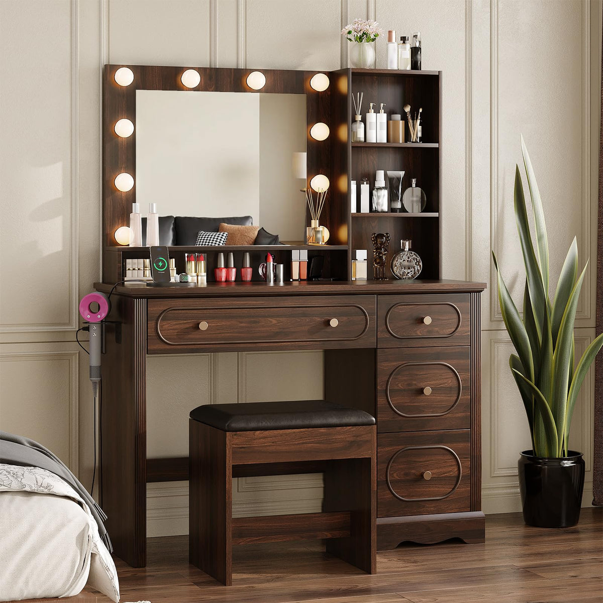 Walnut Brown Lighted Makeup Vanity