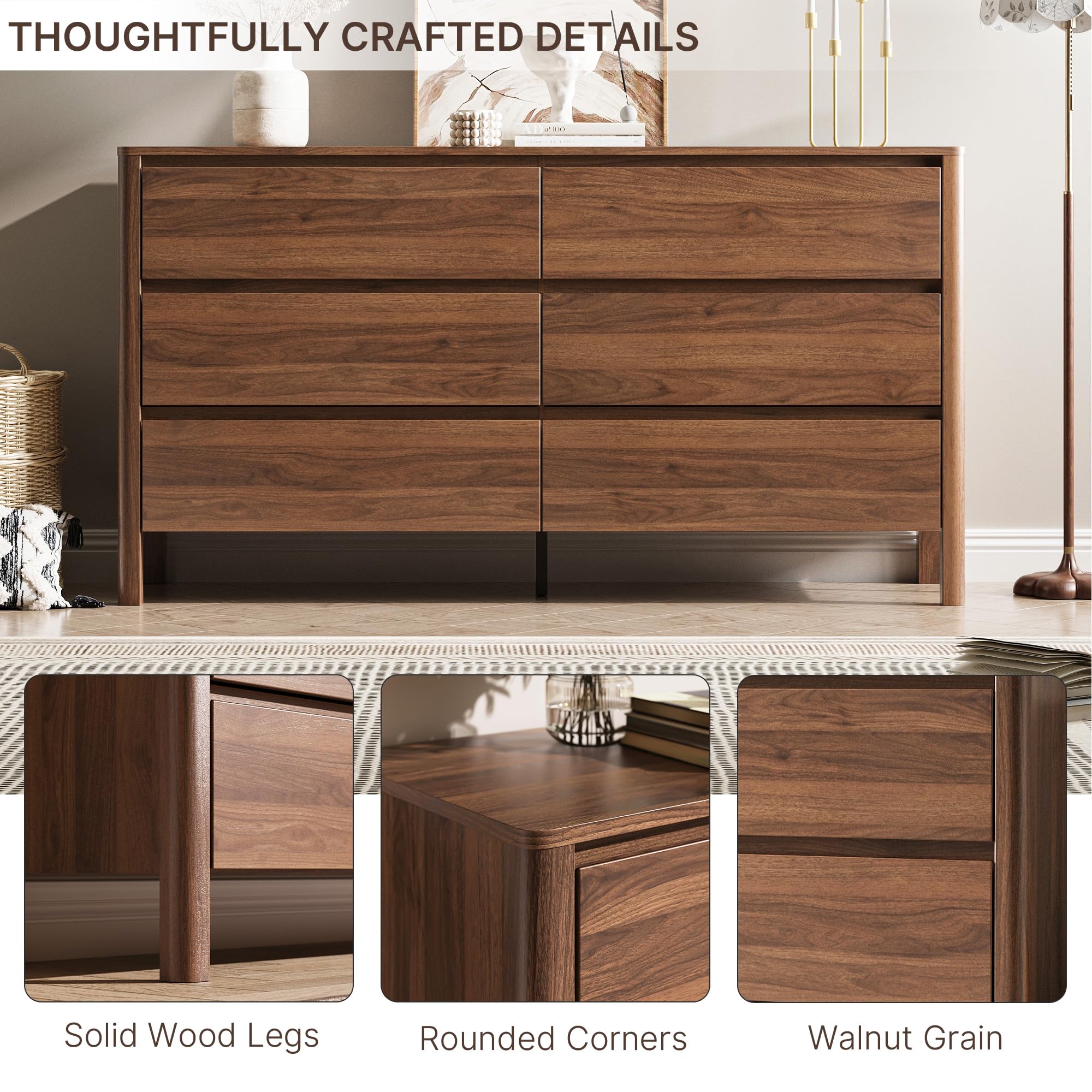 MAISONARIA Walnut 3-Piece Dresser Bedroom Set, 6 Drawers Dresser & 2 Drawer Nightstands with Hidden Handles, Wood Chest of Drawers for Bedroom, Living Room, Entryway