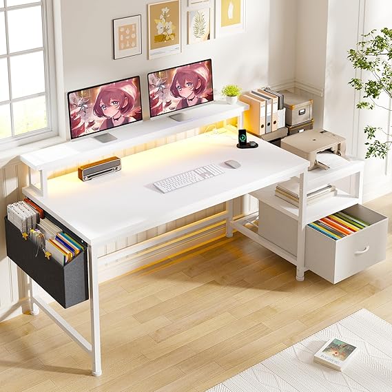 56.5" Office Desk with Monitor Stand, Filing Cabinet & Power Outlets
