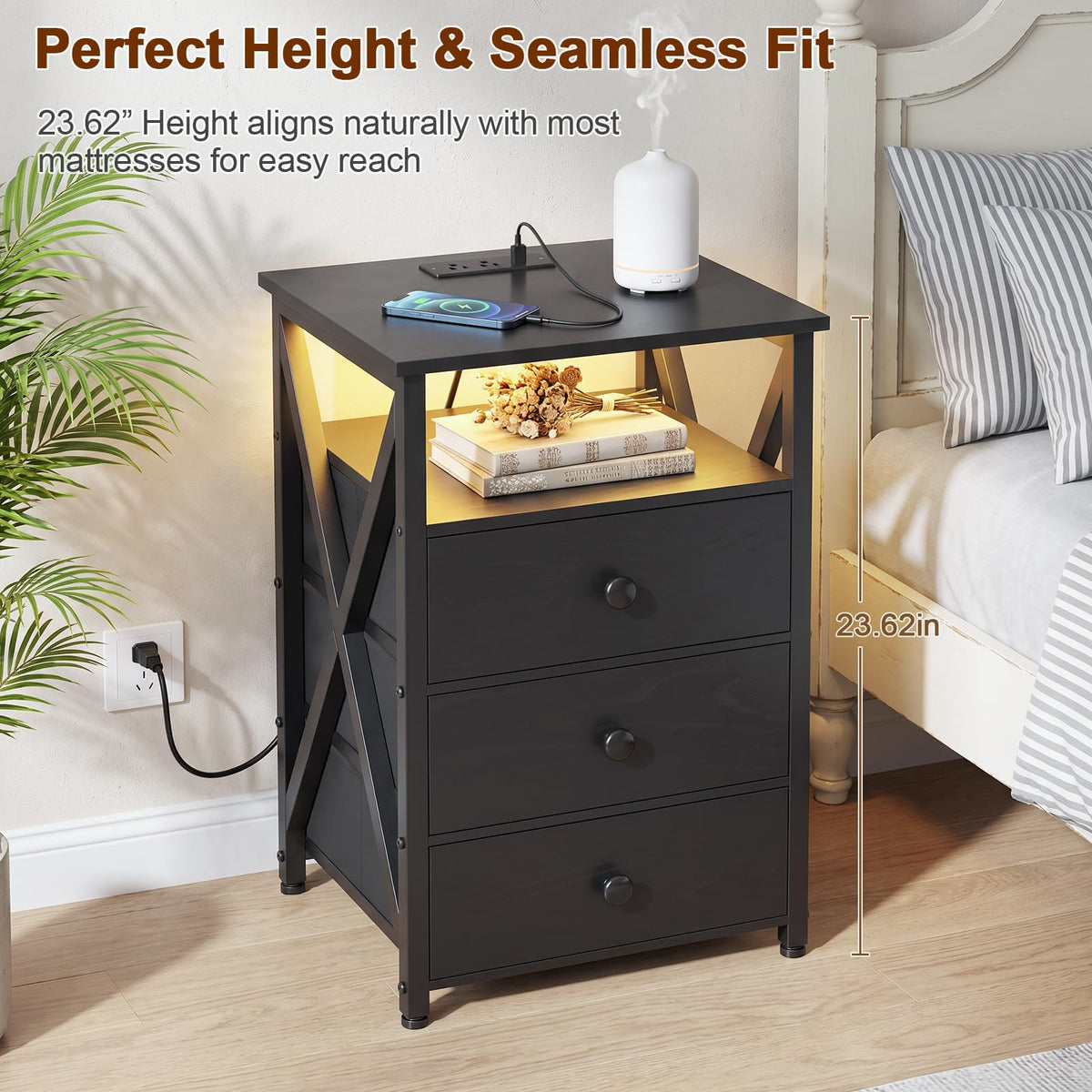LED Nightstands with Charging Station, Set of 2