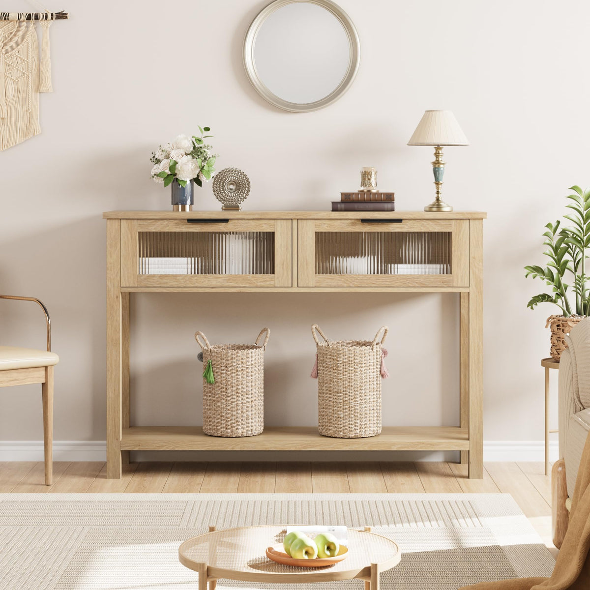 GAOMON Entryway Table, Wood Console Table with 2 Glass Drawers, 2 Tier Sofa Table with Storage for Living Room, Foyer Tables for Entryway-Burlywood
