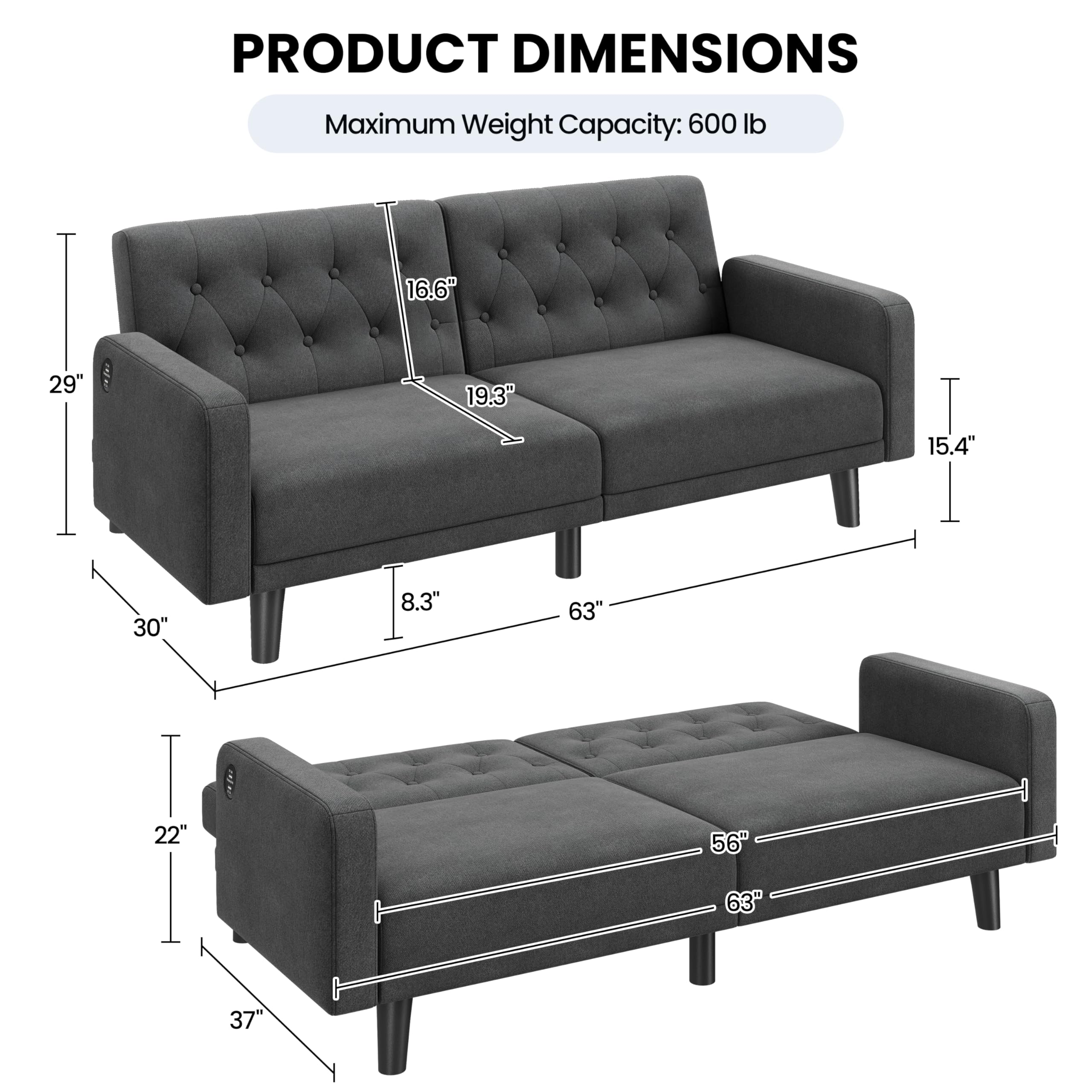 63" Convertible Futon Sofa Bed with USB Ports