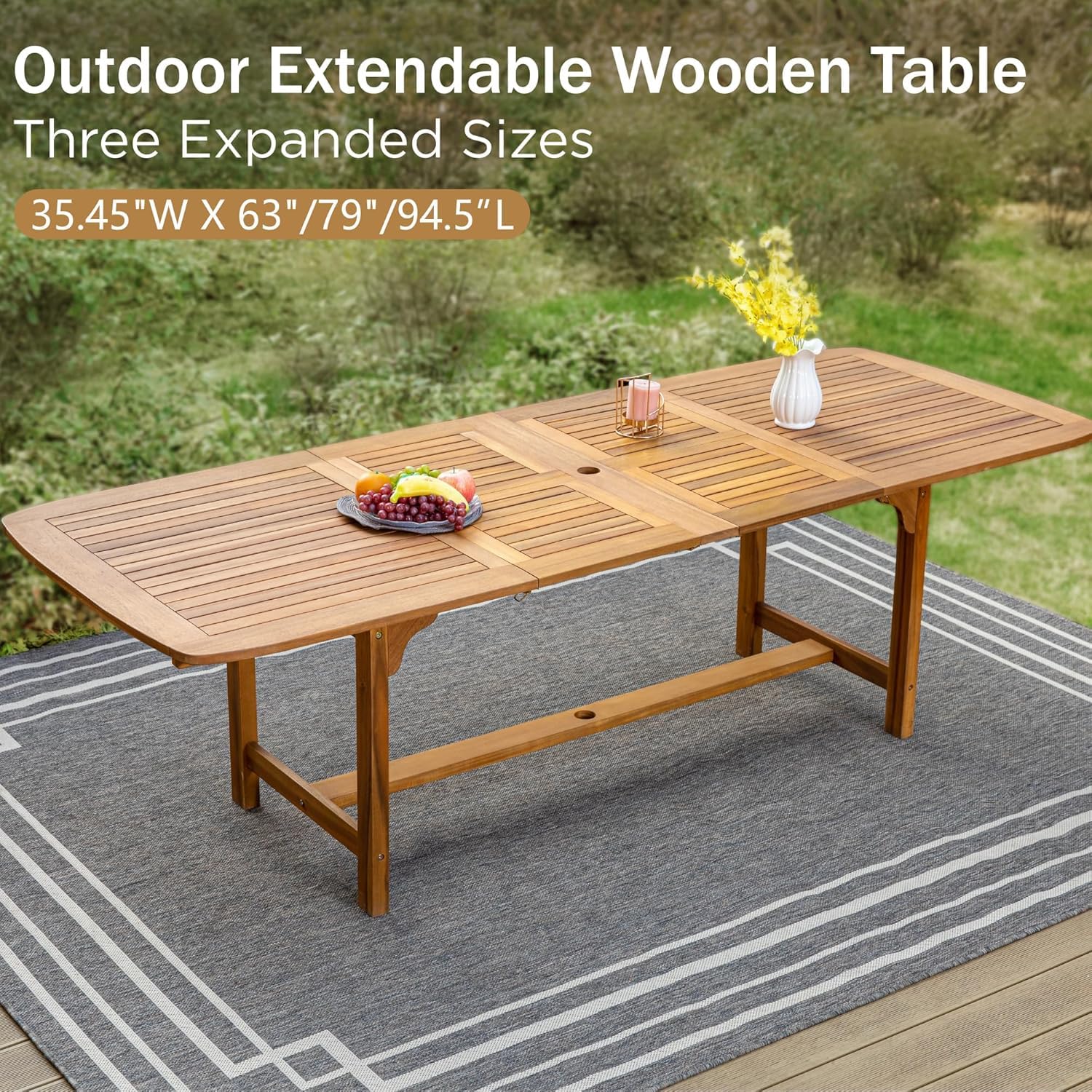 PHI VILLA Outdoor Acacia Wood Dining Table for 6-8, Large Extendable Rectangular Teak Table with Umbrella Hole, Farmhouse Outside Furniture for Patio, Deck, Porch, Yard