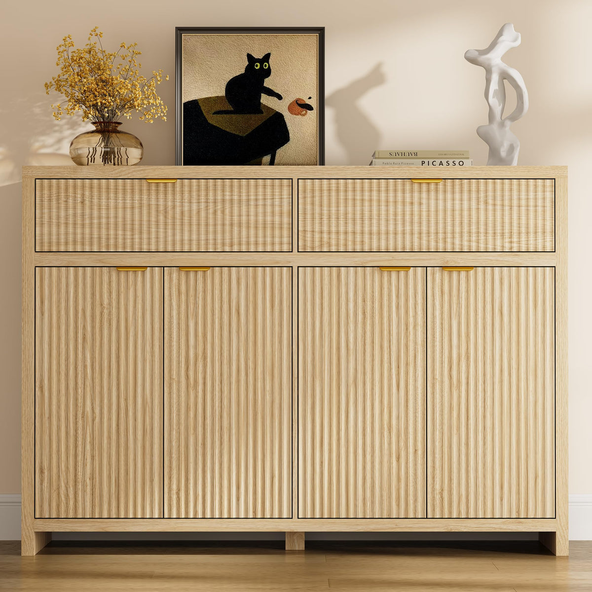 ANYMAPLE 55" Buffet Sideboard Cabinet with Storage Drawers, Fluted Credenza Storage Cabinet with Adjustable Shelf & Doors, Coffee Bar Station for Hallway