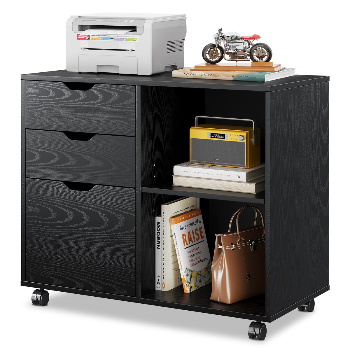 DEVAISE 3-Drawer Wood File Cabinet, Mobile Lateral Filing Cabinet, Printer Stand with Open Storage Shelves for Home Office, Black