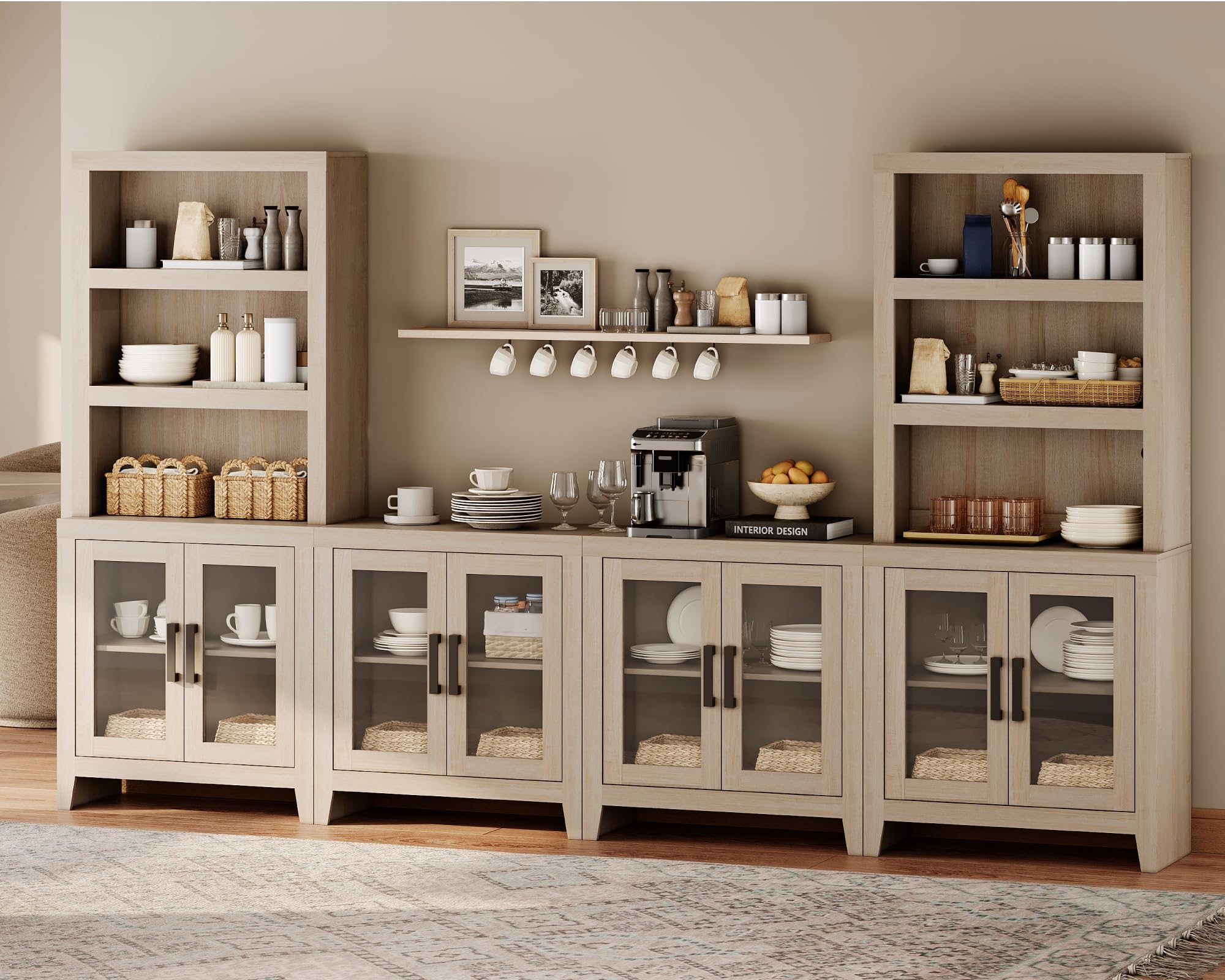 WAMPAT Farmhouse Entertainment Center with Bookshelves, 4-Piece Modular TV Stand with Storage Towers, Glass Doors, Open Shelves, Media Console for Living Room, Home Theater, Beige