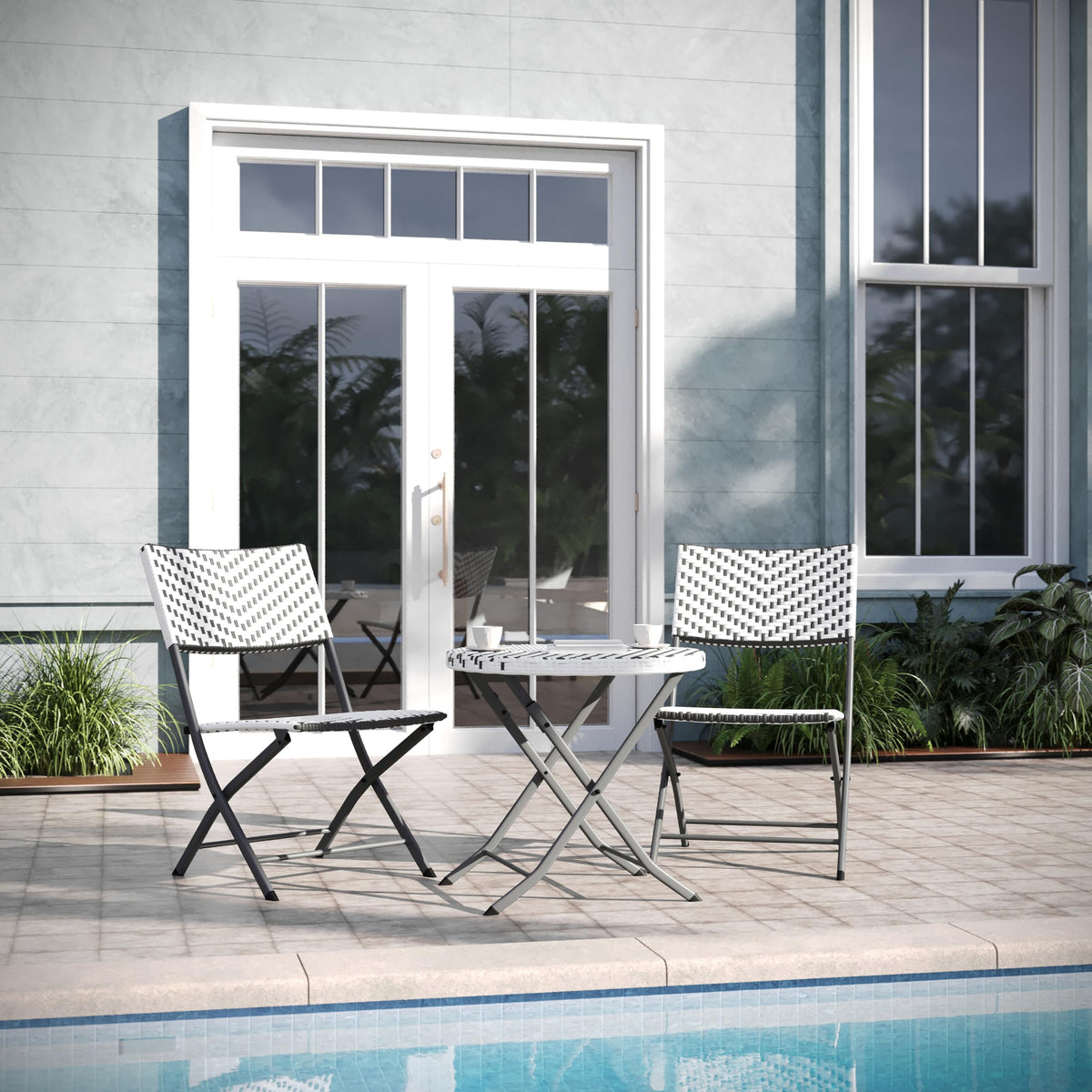 EMMA + OLIVER Gray/White Three Piece Folding Bistro Set