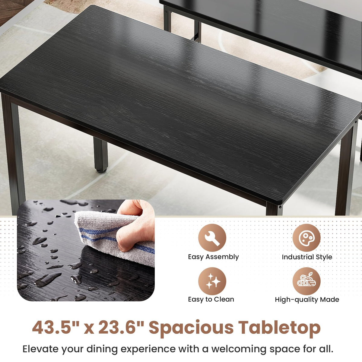 Minicloss Dining Table Set for 4, 3 Piece Dining Room Table Set for Space-Saving, Modern Kitchen Table with 2 Benchs for Apartment Breakfast Nook and Samll Space, Black