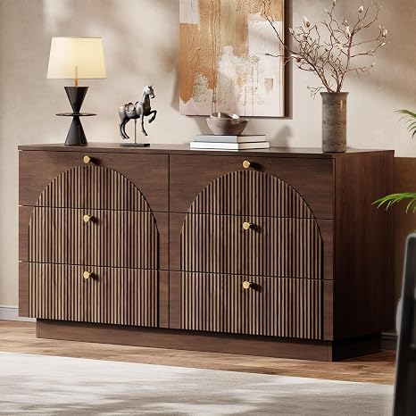 6-Drawer Wide Dresser with Arched Fluted Panel