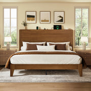 LARMACE King Size Wood Platform Bed Frame with Mid-Century Modern Tall Headboard & Charging Station, Built-in Headboard Shelf, Solid Sustainable Bedframe, No Box Spring Needed, Easy Assembly, Walnut
