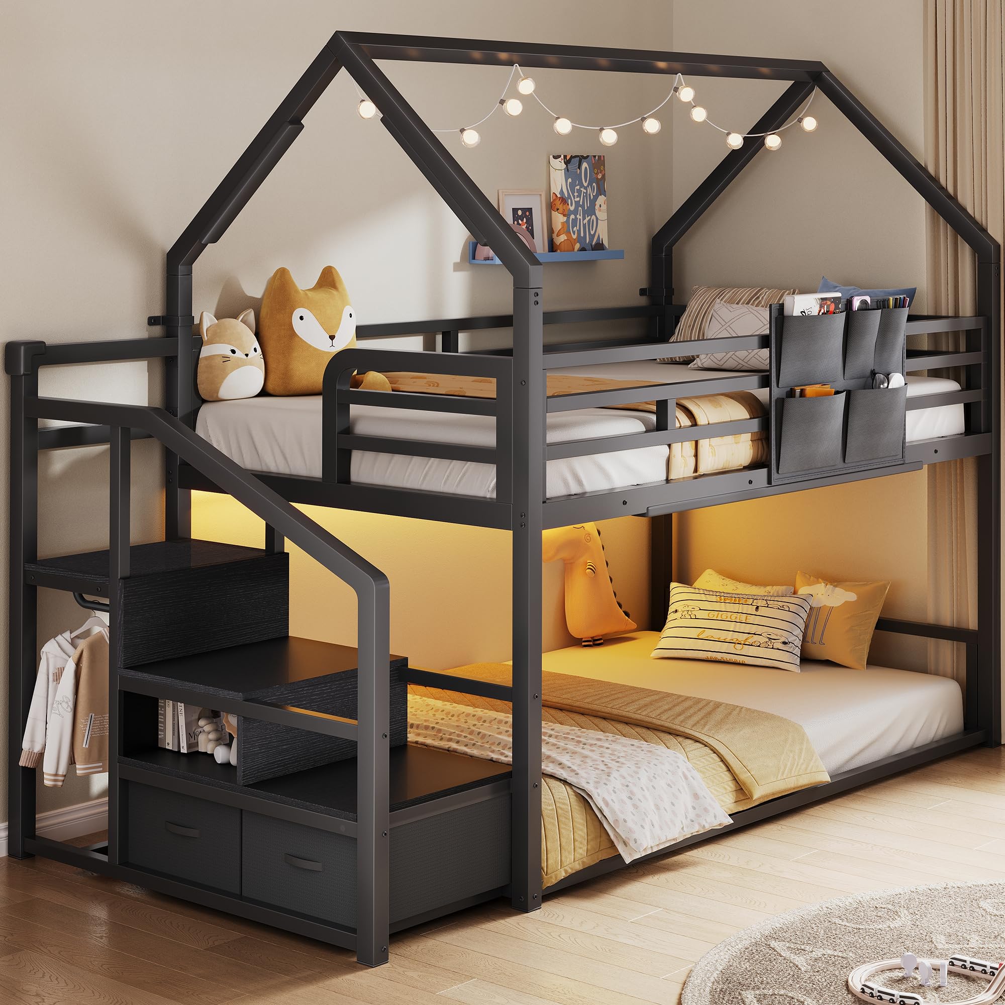 Twin Over Twin Bunk Bed with Storage Staircase & LED Lights
