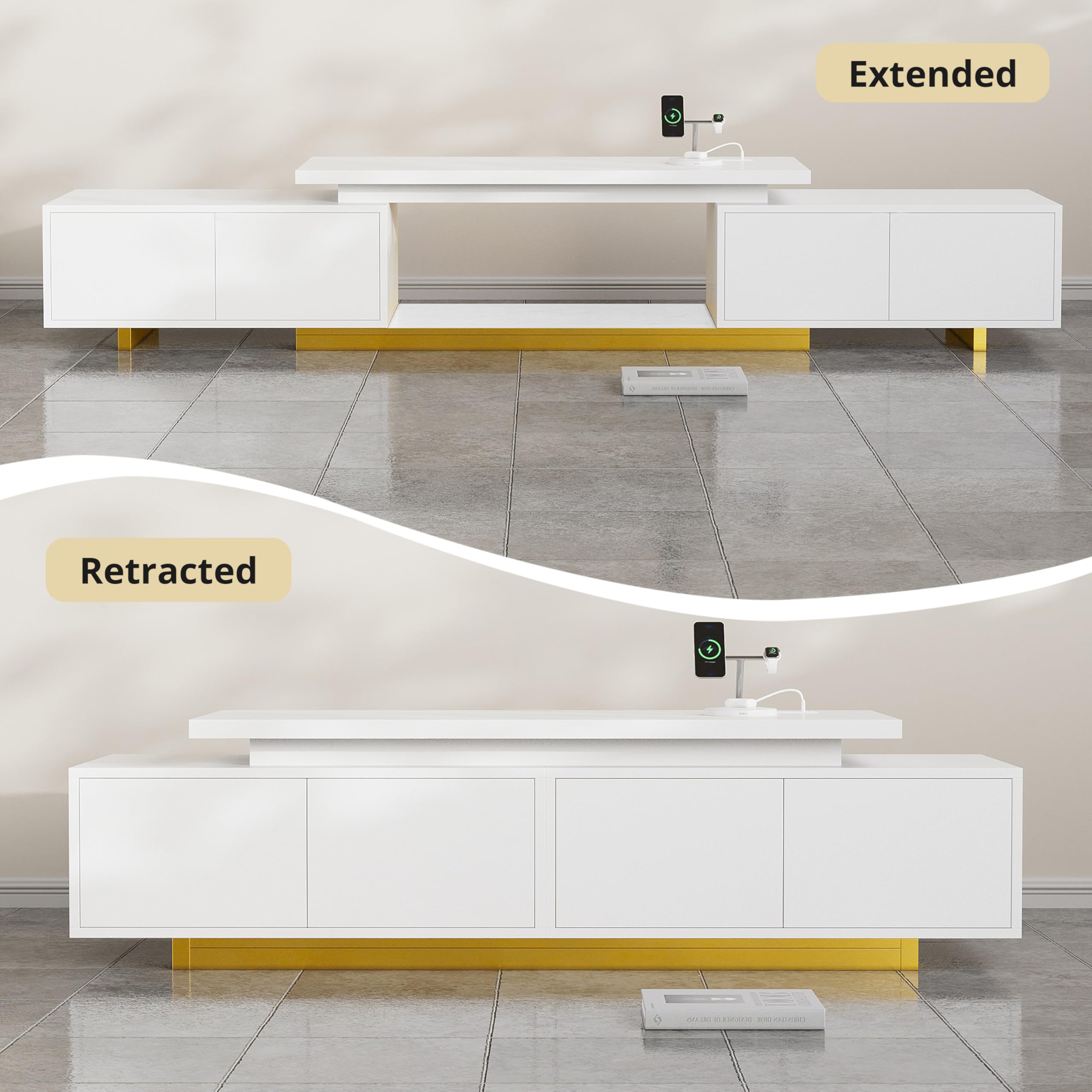 Extendable TV Stand for 55–90" TVs with LED Lights & Charging Station