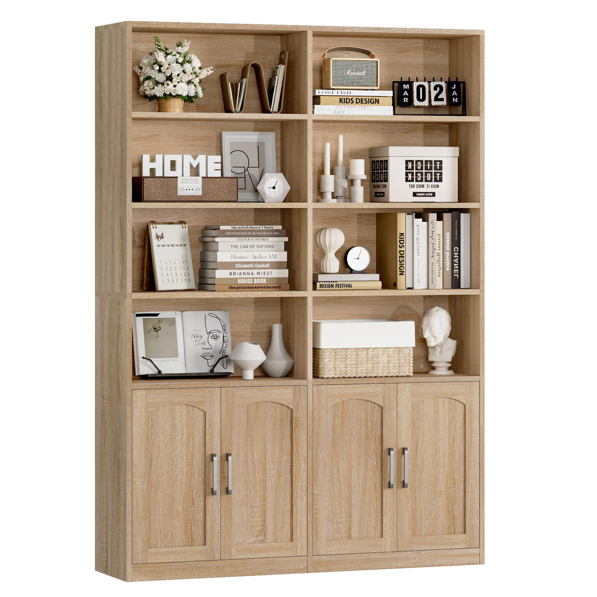 FACBOTALL Bookshelf and Bookcase with Doors, Double Wide Large Bookshelves