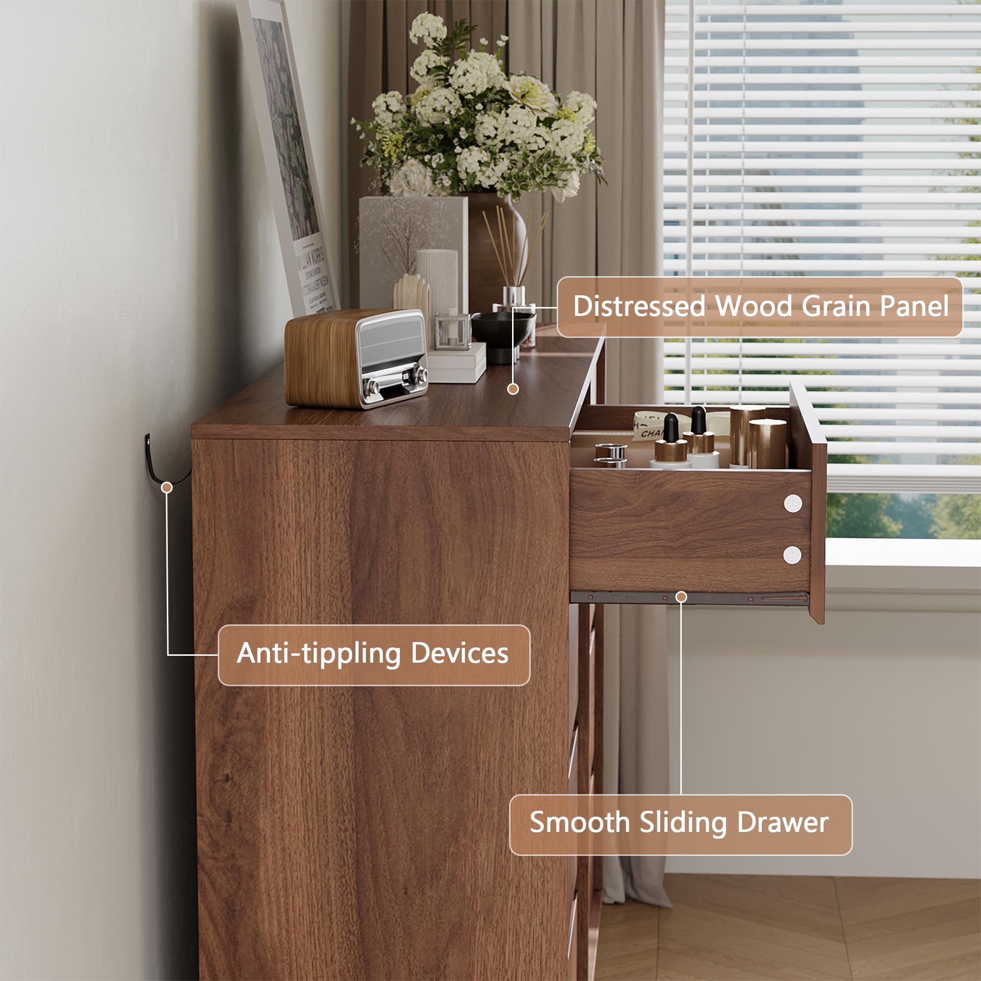 SINROM Walnut Dresser for Bedroom, 53.1" Wide 8 Drawer Dresser, Mid Century Modern Dressers Chest of Drawers, Wooden Large Dressers for Bedroom, Closet