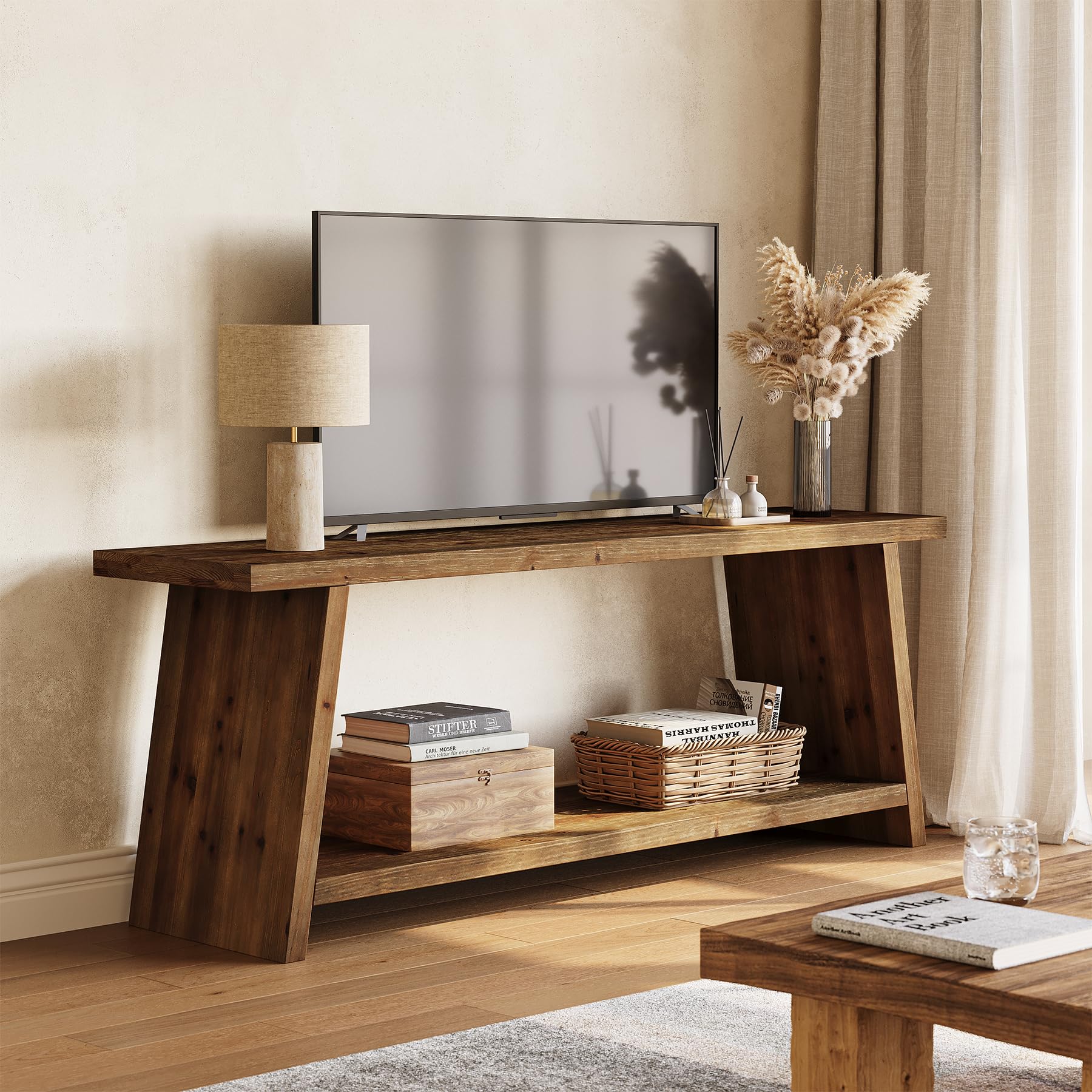 LITTLE TREE Solid Wood TV Stand, Farmhouse Media Console for 55/60/65 inch TV, 2-Tier Mid-Century Modern TV Stand with Storage, for Living Room, Entertainment Center (Walnut, 63-Inch)