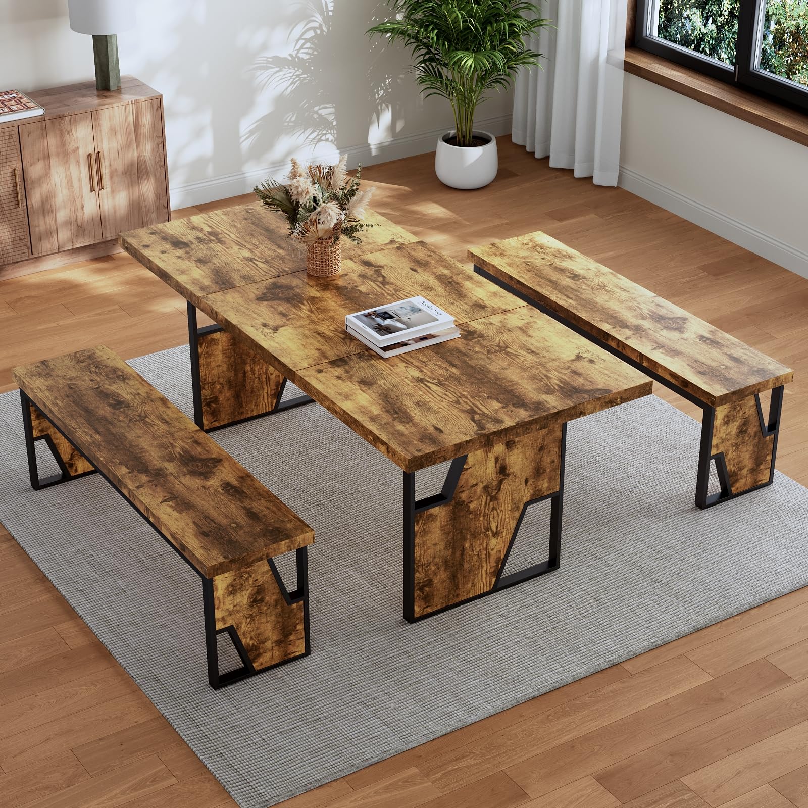 70.8-Inch Dining Table Set with 2 Benches | MDF & Metal | Seats 6-8