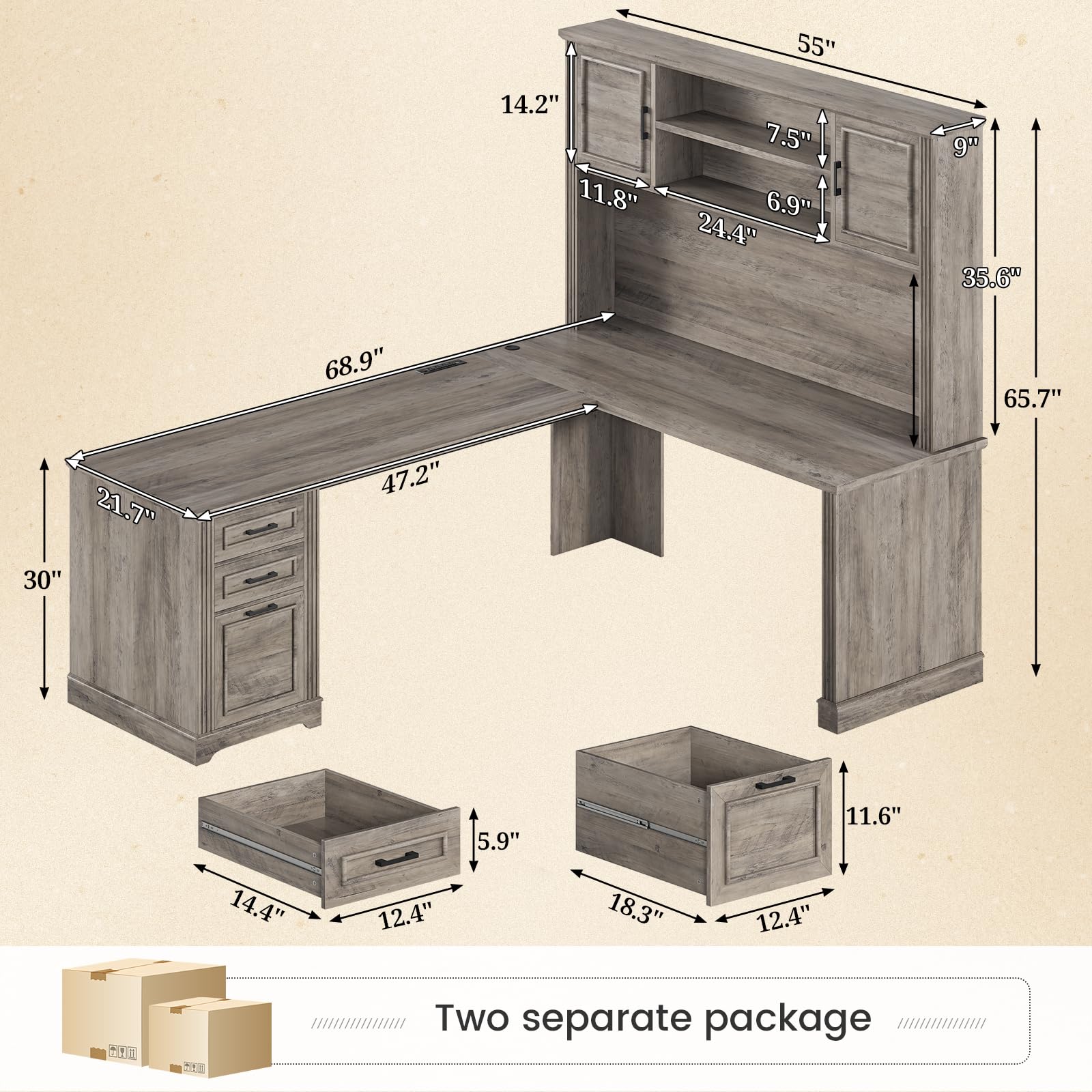 SEDETA Farmhouse L Shaped Desk with Hutch and 3 Drawers, 68.9" Executive Office Desk with File Drawer and Power Outlet, Corner Computer Desk with Storage Shelves for Home Office (Grey)