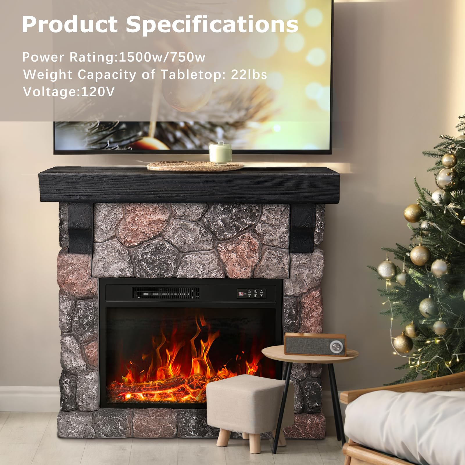 PUKAMI Electric Fireplace with Mantel, Freestanding Stone Fireplace Heater TV Stand with Remote Control, Realistic Flame Effect and 3D Log, 750W/1500W (36 inch)