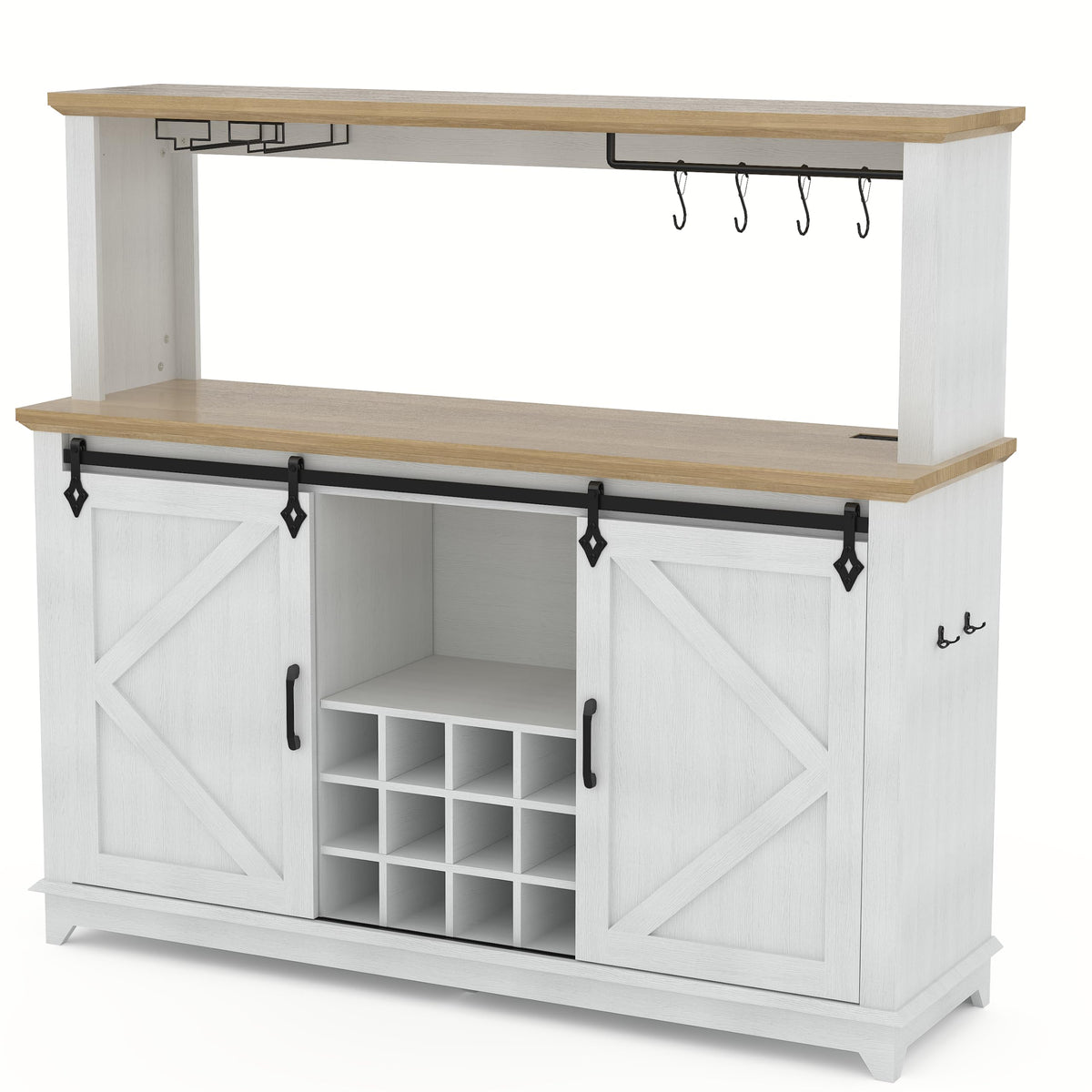 Garvee 55 in Coffee Bar Cabinet with Power Outlet & LED Light, Farmhouse Large Kitchen Hutch with Sliding Barn Door, Tall Bar Cabinets with Storage Drawers & Wine Glass Rack, Buffet Cabinet for Home
