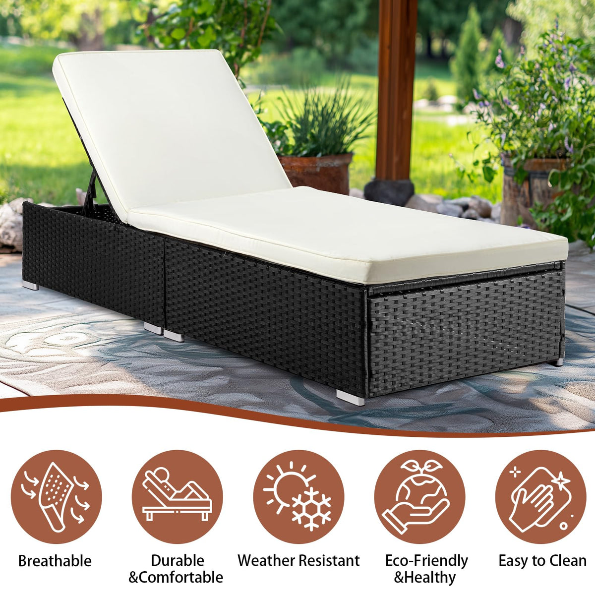VINGLI Outdoor Chaise Lounge, Wicker Recliner w/Adjustable Backrest, Thick Water Repellent Cushions, Patio Rattan Lounge Chairs for Lawn, Beach, Balcony, Poolside (Black)