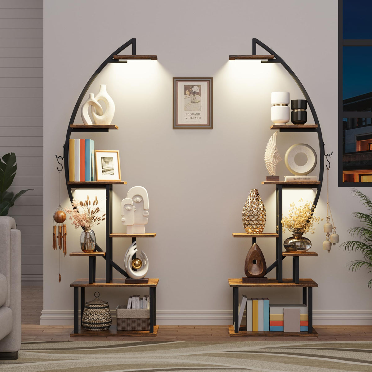 BECOKOME Tall Bookshelf with Lights, 2 Pack Ladder Bookcase, 7 Tier Arched Home Office Storage Book Collectibles Shelves, 64" Modern Corner Display Shelf for Bedroom Living Room Balcony, Rustic Brown