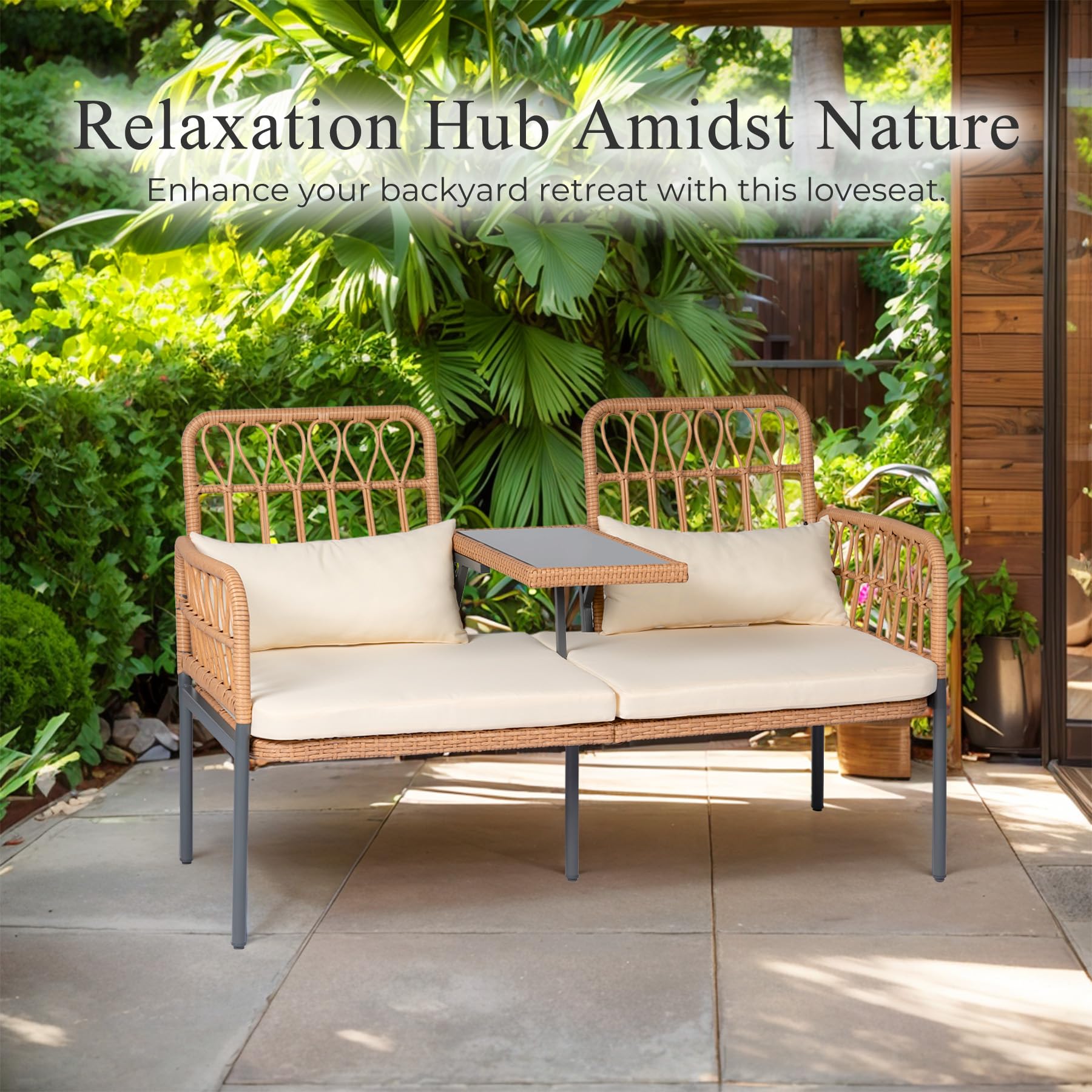 Outdoor Rattan Loveseat with Built-In Table & Cushions