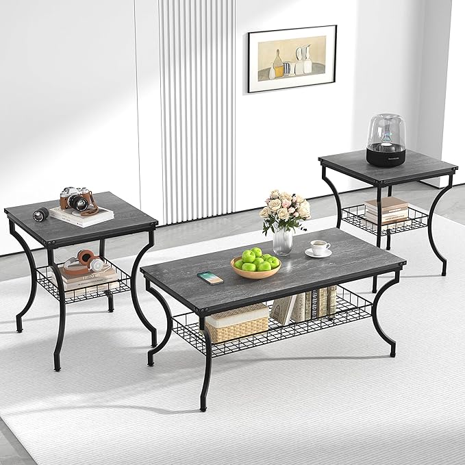 3-Piece Coffee & End Table Set with Storage Shelves