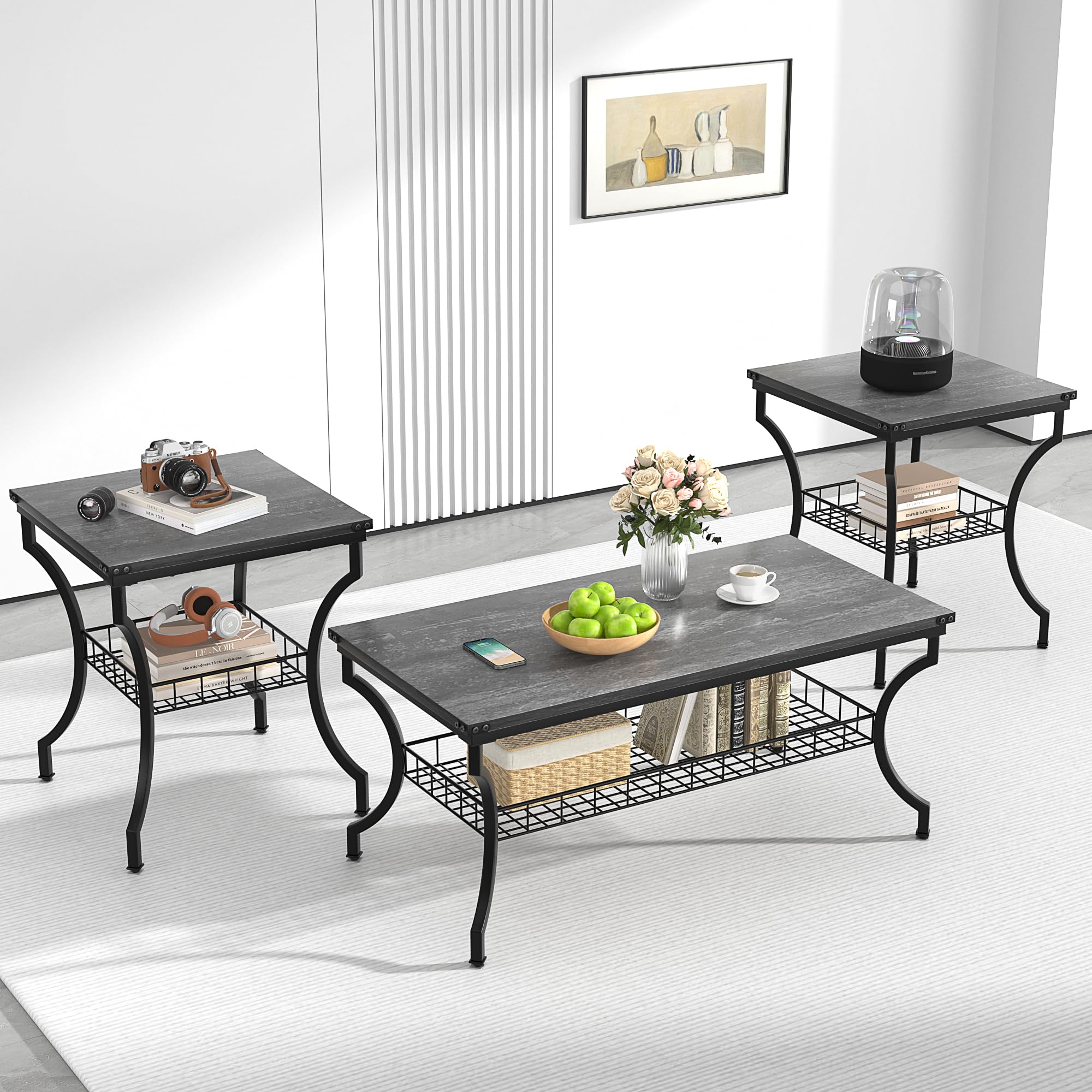 3-Piece Coffee & End Table Set with Storage Shelves